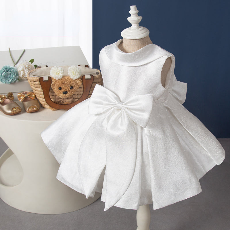 Elegant White Sleeveless Backless Pleated Bow Baby Dress - Toddler Girls' First Communion Dress for Christening, Baptism & Special Occasions