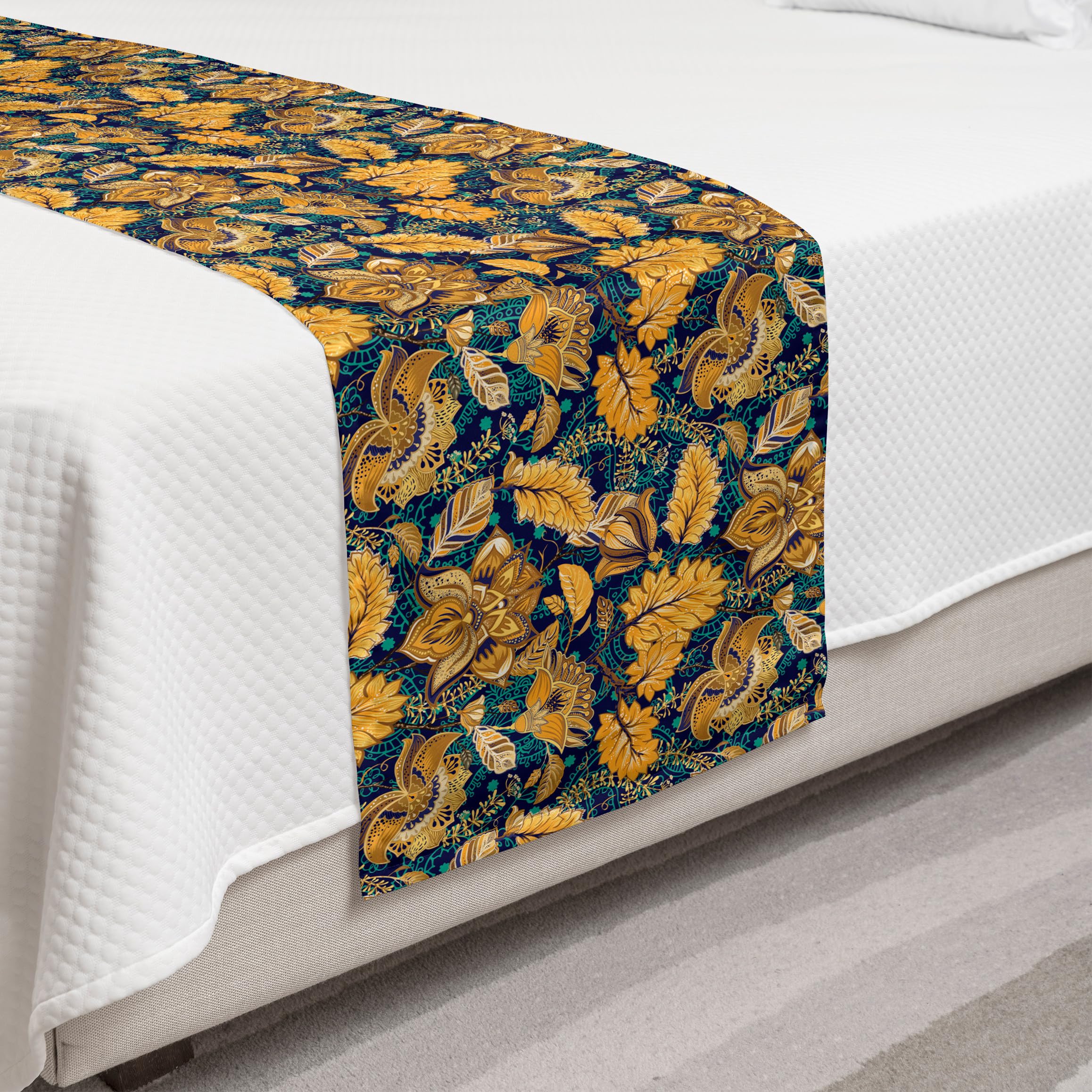 Ambesonne Asian Bed Runner - Medieval Oriental Flower Motifs, Exotic Fantasy Garden Theme Eastern Pattern Bed Scarf | Decorative Accent for Bedroom, Living Room, Hotels & Guestrooms | Perfect for Boho, Vintage & Asian-Inspired Home Decor