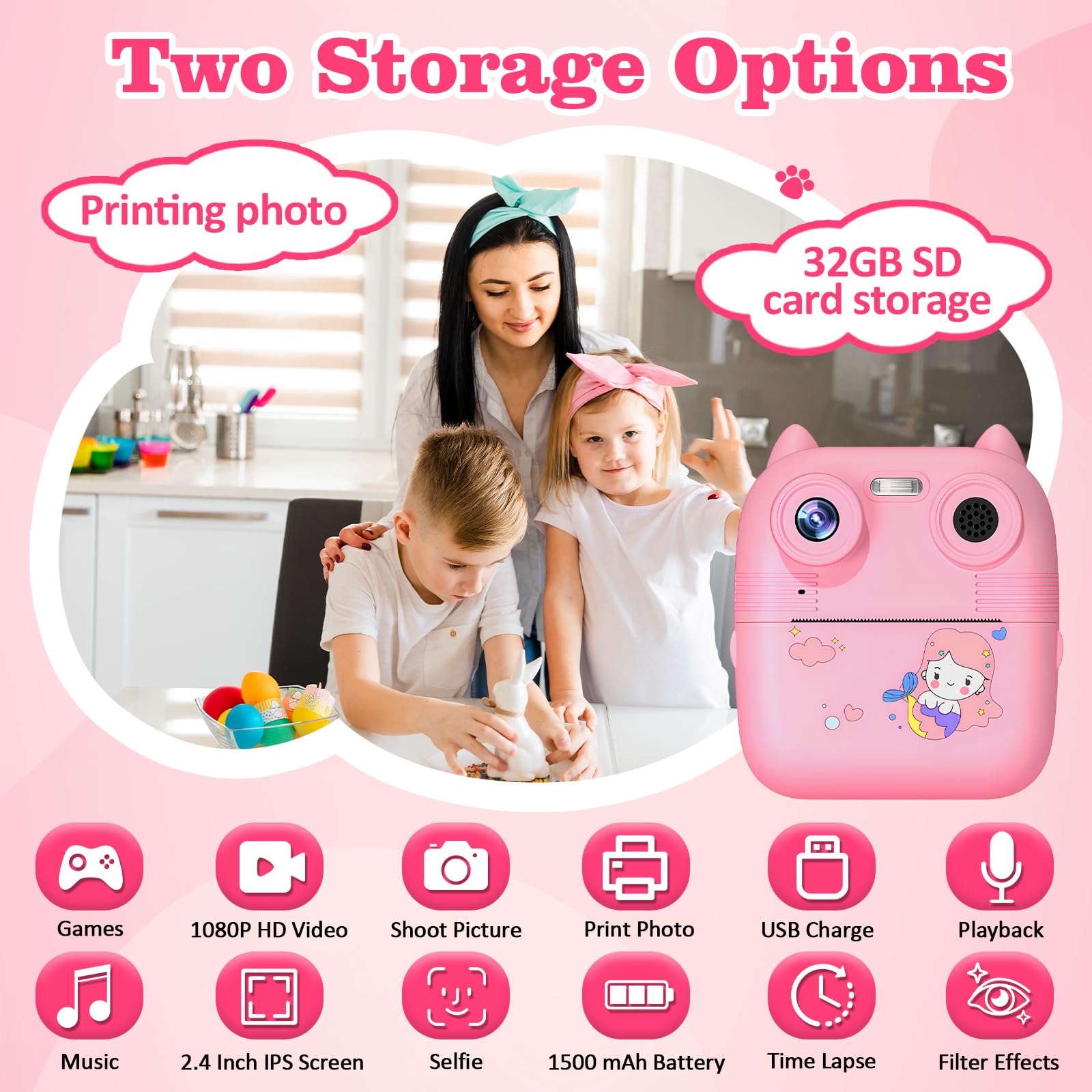 Terawetre Kids Instant Print Camera - 1080P HD Digital Camera for Girls & Boys Ages 3-9, Includes 32GB SD Card & Printing Paper - Perfect for Birthday Gifts, Travel, Parties & Creative Play