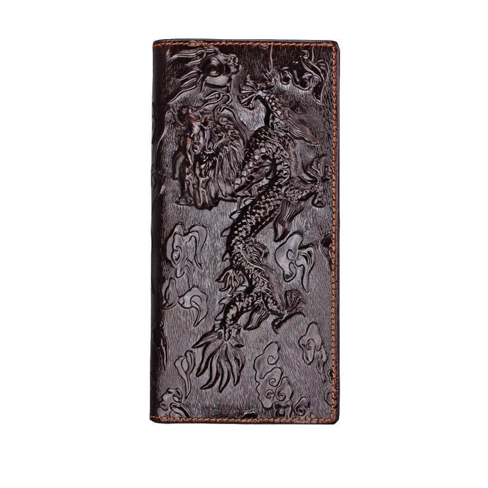 Men's Genuine Leather Wallet with RFID Blocking - Brown Dragon Embossed Credit Card Holder for Everyday Use & Travel