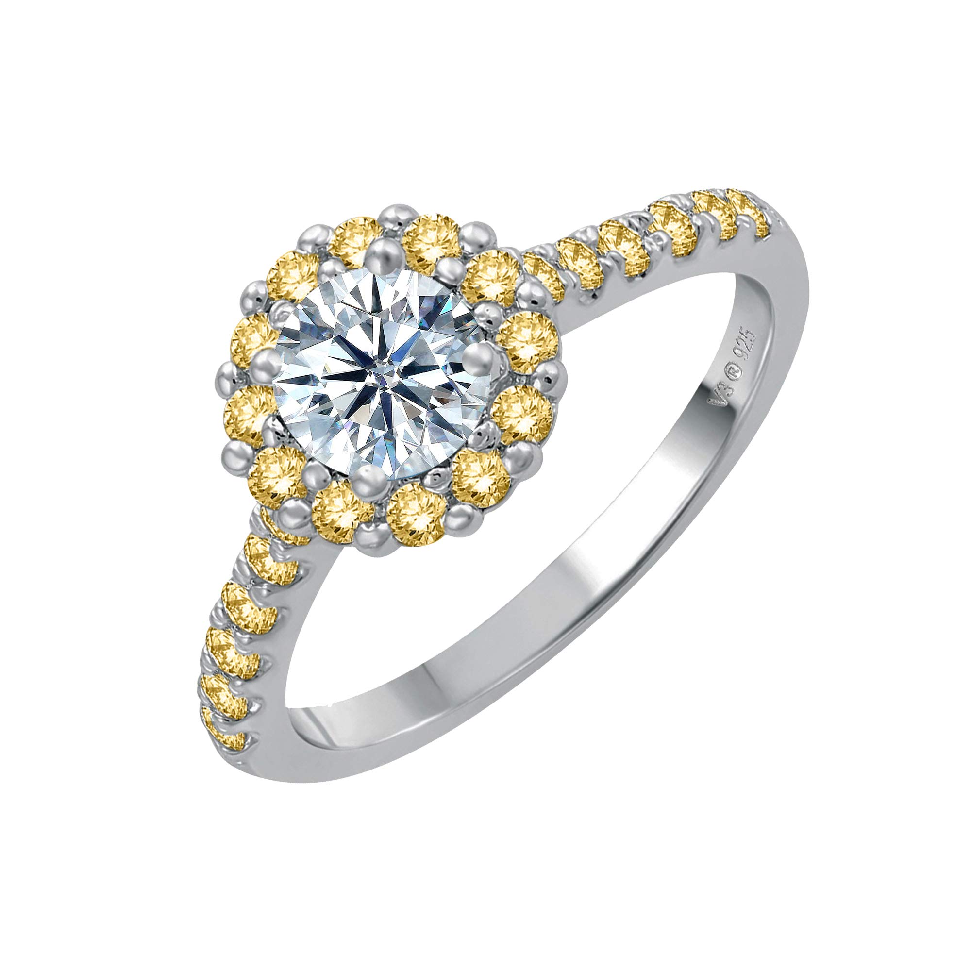 14K Sterling Silver Moissanite & Yellow Sapphire Halo Ring for Women | Elegant Engagement, Wedding, Anniversary Jewelry Gift