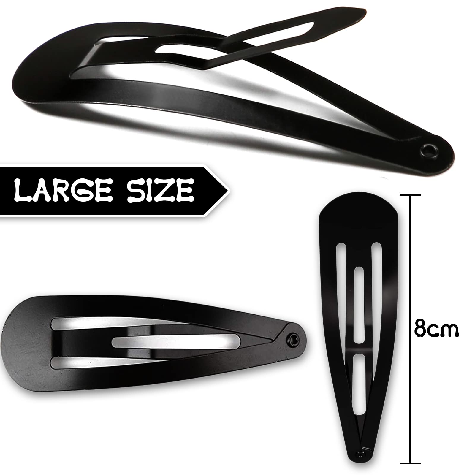 ExceLife 3.1 Inch Large Metal Snap Hair Clips - 20 Pcs No Slip Jumbo Hair Clips for Women & Girls - Strong Hold Hair Pins for Thick Hair, DIY Crafts & Styling - 8cm Black Hair Accessories for Everyday Use, Work & Special Occasions