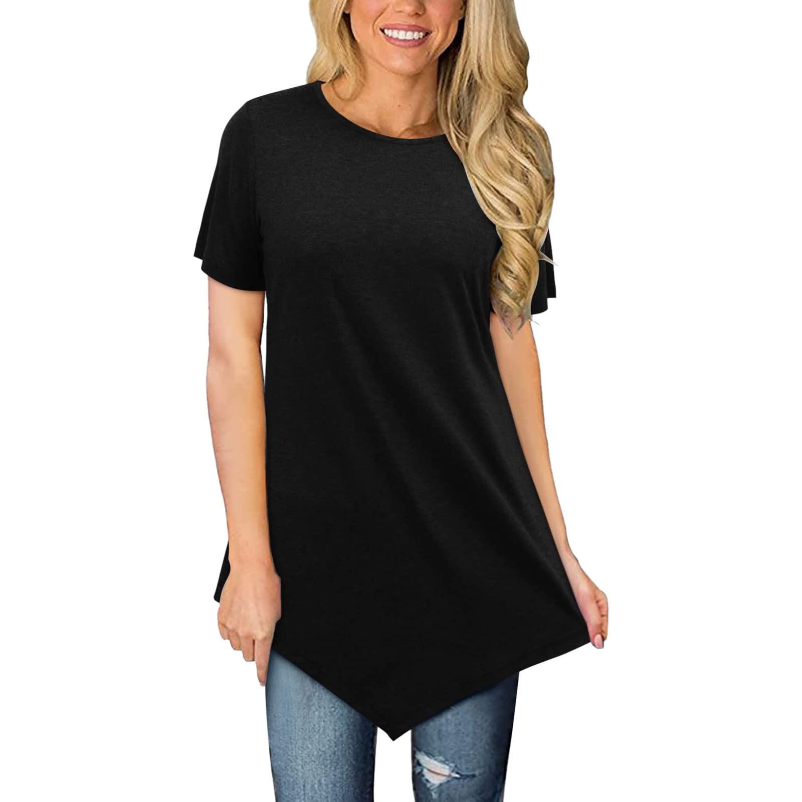 Women's Casual Short Sleeve T-Shirt - Round Neck Summer Blouse with Loose Fit & Asymmetrical Hem | Perfect for Beach Outings, Weekend Wear & Vacation Outfits