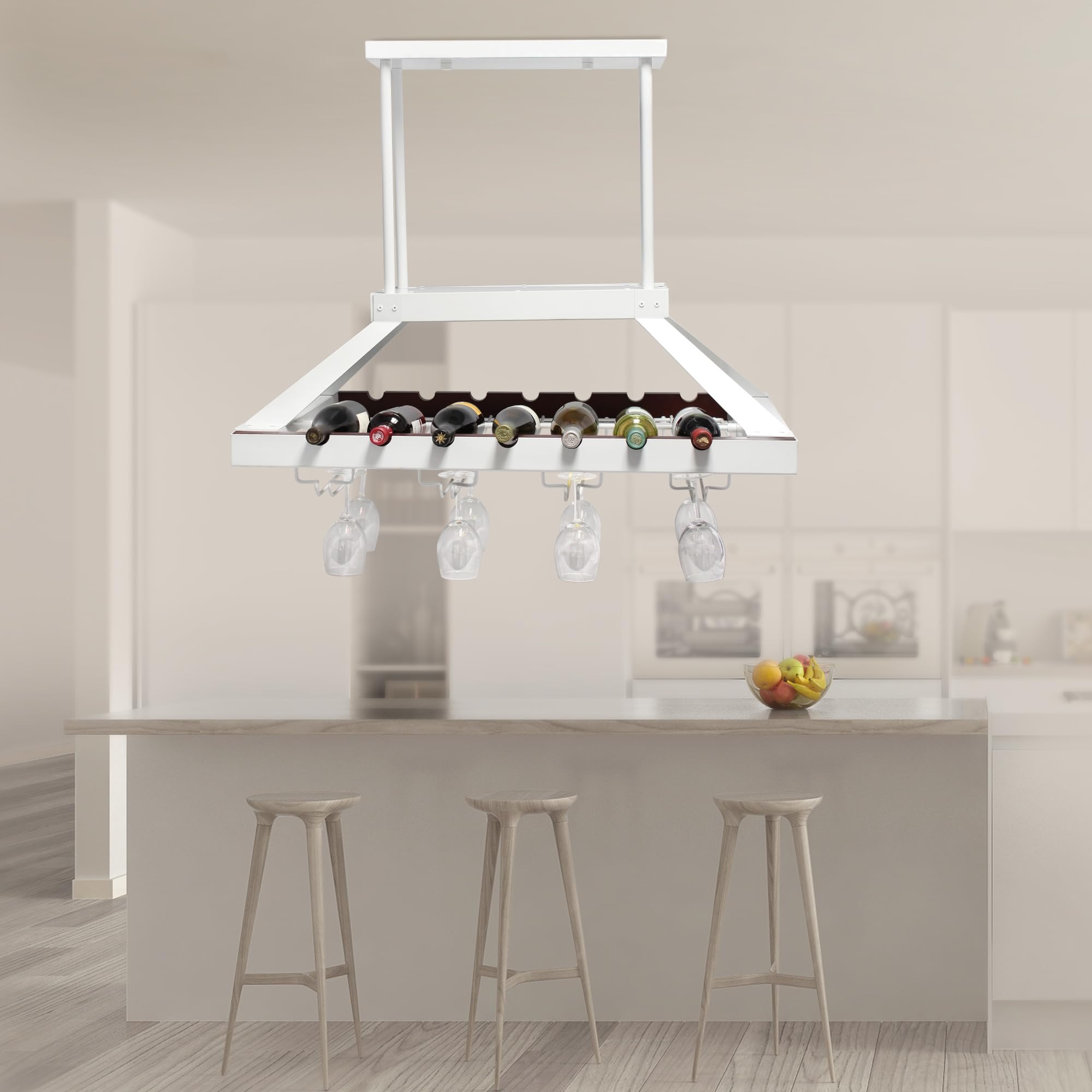 Elegant WR1000-WHT Modern Kitchen LED Pendant Light with Wine Rack - Overhead Island Chandelier for Bottle & Glass Storage Display (White) - Perfect for Dining Room, Bar, and Home Decor Lighting