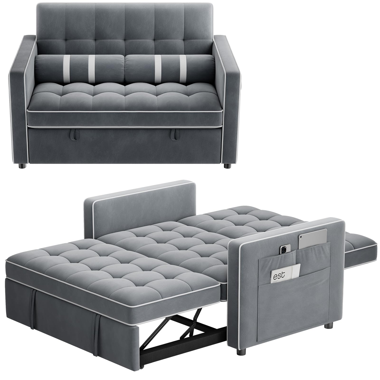 Amada 3-in-1 Convertible Sleeper Sofa Bed with USB Ports & Storage Pocket - Velvet Fabric Adjustable Backrest Futon Couch for Living Room, Guest Room & Small Spaces - Pull Out Loveseat Sectional Sofa Bed in Grey