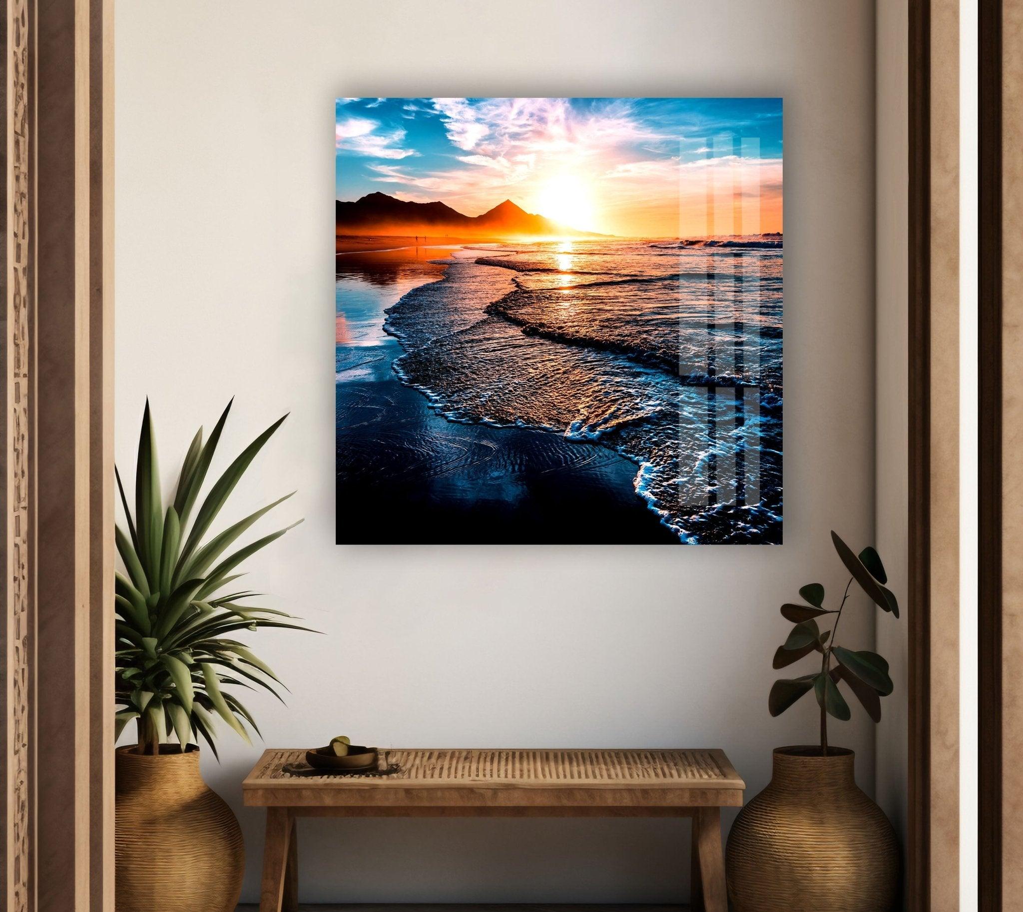 Sunset Beach & Ocean Waves Glass Wall Art - Coastal Home Decor for Living Room, Bedroom, or Office