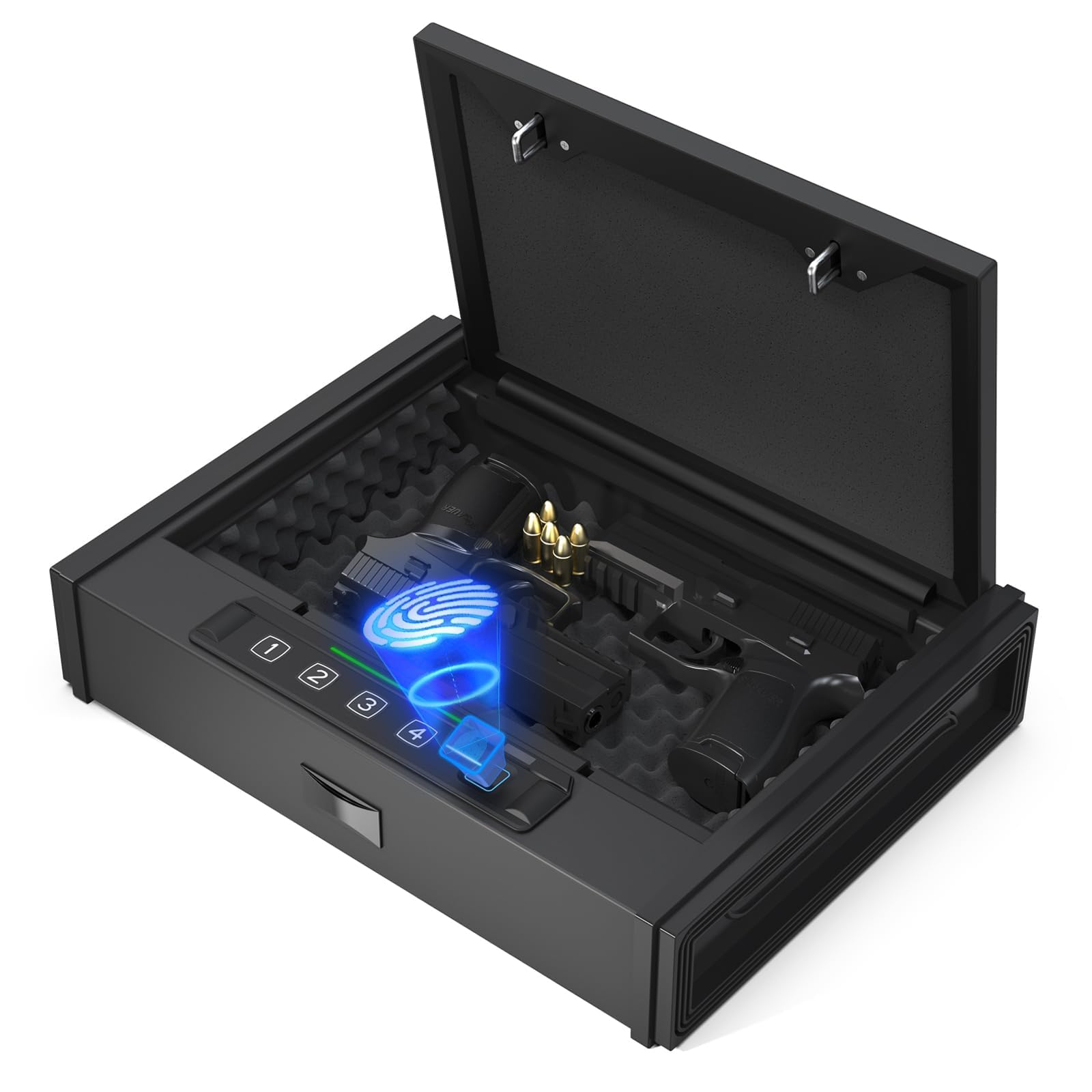 PATRON 25% Larger Capacity Biometric Gun Safe for Pistols - Quick Access Handgun Safe Box with Fingerprint & Keypad Lock - Secure Mounted Pistol Safe for Home, Nightstand & Vehicle Use