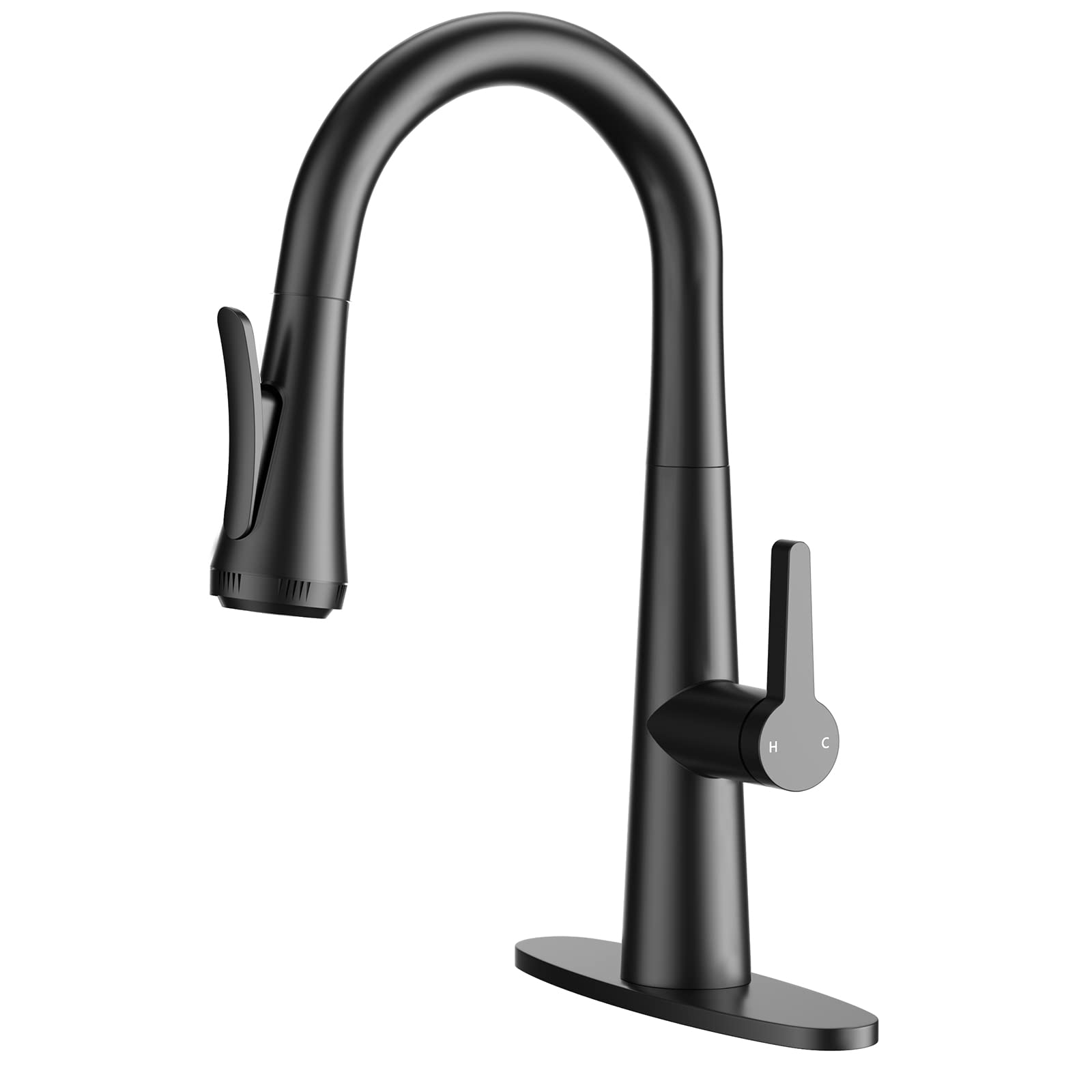 LEPO Matte Black 4-Function Pull-Down Kitchen Faucet with Sprayer - High Arc Single Handle Modern Design for Utility, RV & Bar Sinks - Includes Deck Plate (Great for Small Kitchens & Mobile Homes)