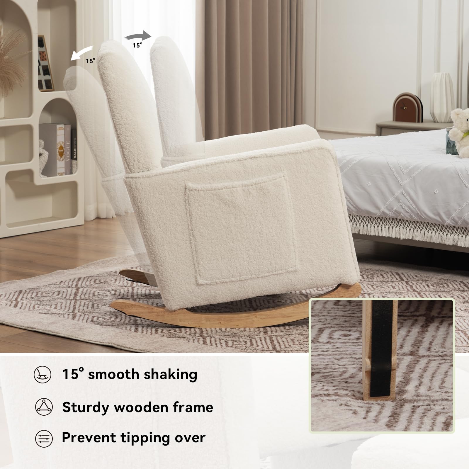 FOXHUNTER Adjustable Rocking Chair with Footrest - High Back Glider Nursery Chair with Side Pockets - Soft Upholstered Living Room Rocker in Teddy Ivory - Perfect for Nursing, Reading & Relaxing