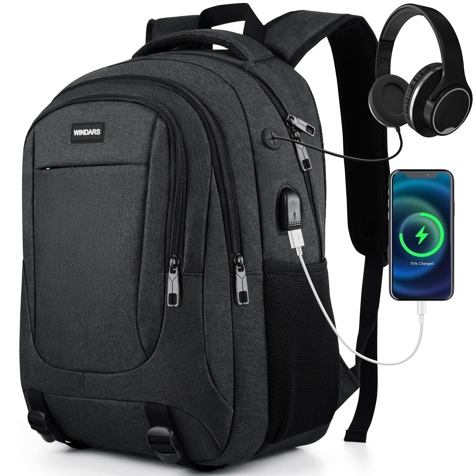 17.3 Inch Durable Laptop Backpack for Men & Women - USB Charging Port College Bookbag for Business, Work & Travel - Perfect for Students, Professionals & Commuters (Black)