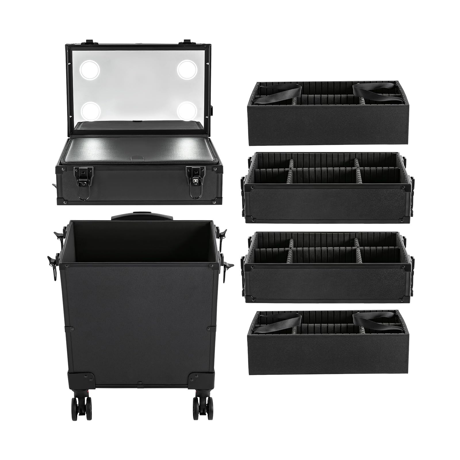 Professional Rolling Makeup Train Case with Lock & Mirror - 5-Tier Large Capacity Cosmetic Organizer with Storage Compartments & 4 LED Lights - Perfect for Makeup Artists, Salon Professionals & Travel Beauty Essentials