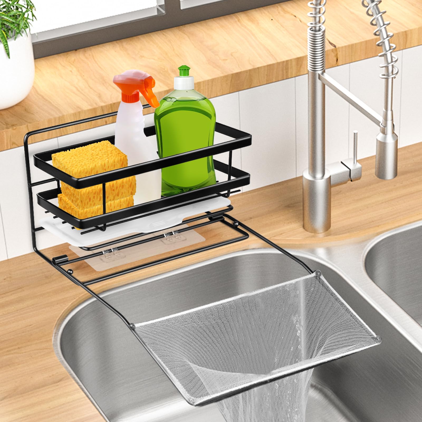 EBANKU 3-in-1 Kitchen Sink Organizer - Stainless Steel Sponge Holder, Food Waste Strainer Basket & Dish Rack with 100Pcs Net - Rustproof 304 Steel for Easy Cleaning - Perfect for Kitchen Sink Organization & Dishwashing
