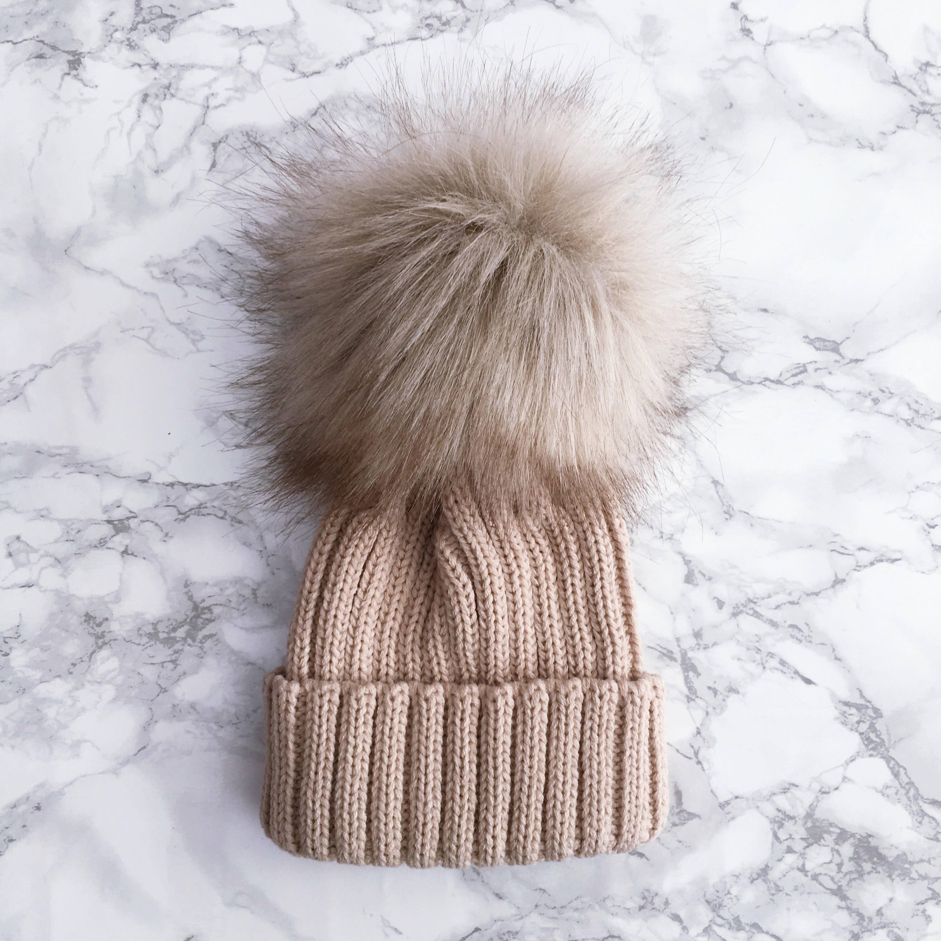 Cozy Knitted Faux Fur Pom Pom Winter Hat for Women - Soft Warm Beanie with Fluffy Ball - Perfect for Cold Weather, Snow Days & Outdoor Activities