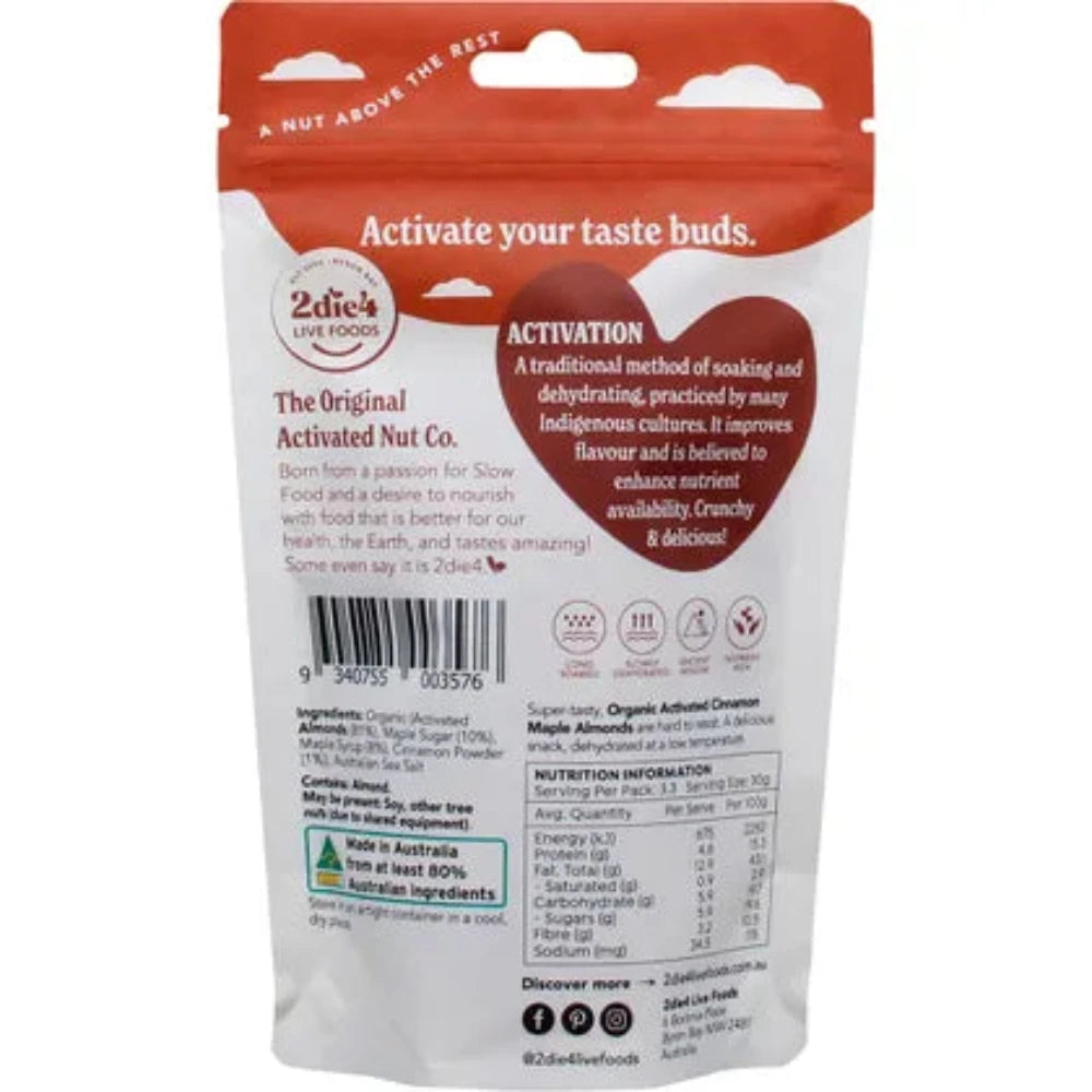 Organic Activated Almonds with Cinnamon & Maple Flavor - 100g | 2DIE4 LIVE FOODS | Gluten-Free Snack for Hiking, Yoga & Healthy Lifestyle