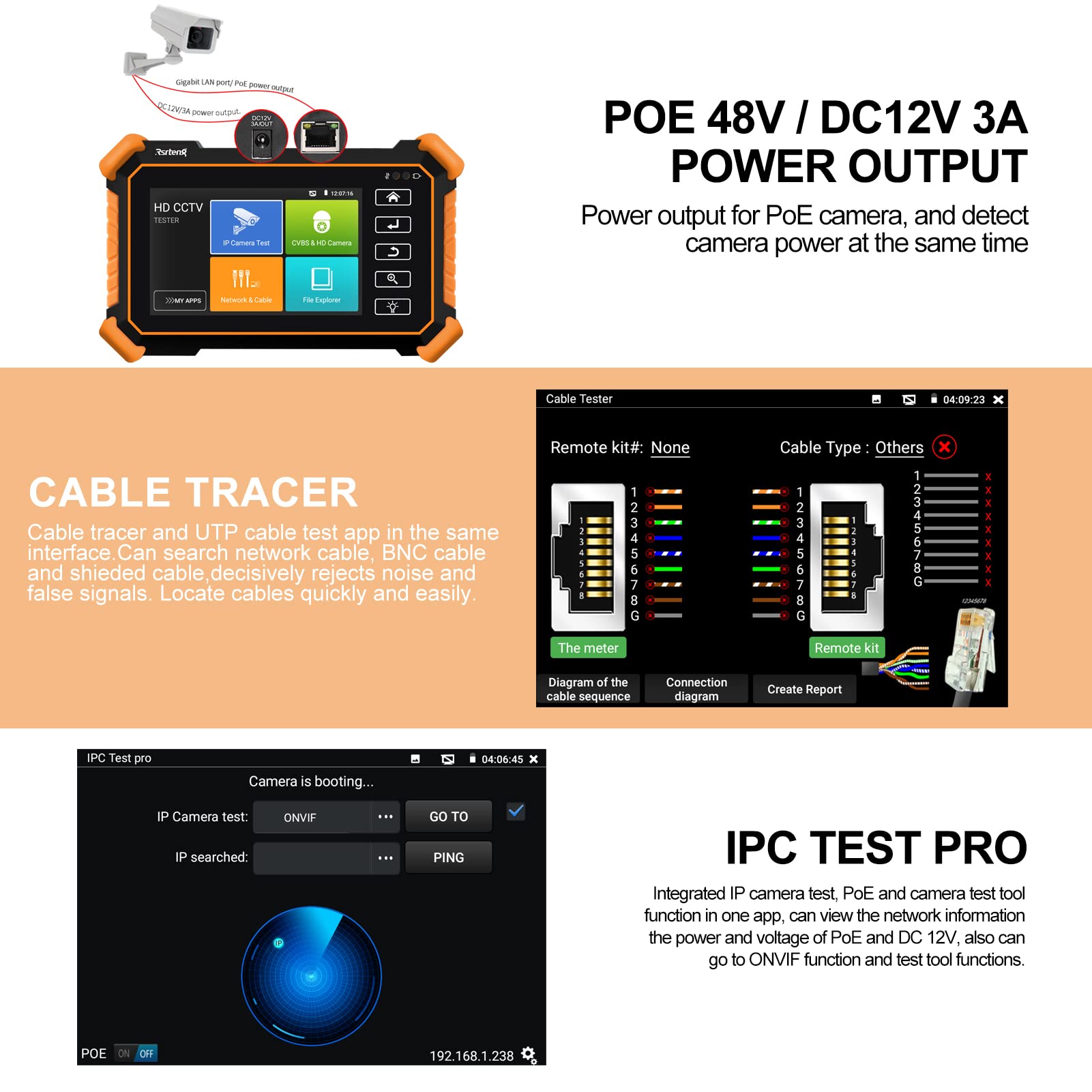 Rsrteng WT255 CCTV Camera Tester with Cable Tracer - 4K/8MP/8K/32MP IP Camera Testing, 4-inch IPS Touch Screen, POE/PTZ/DC12V Support - Perfect for Security System Installation & Maintenance