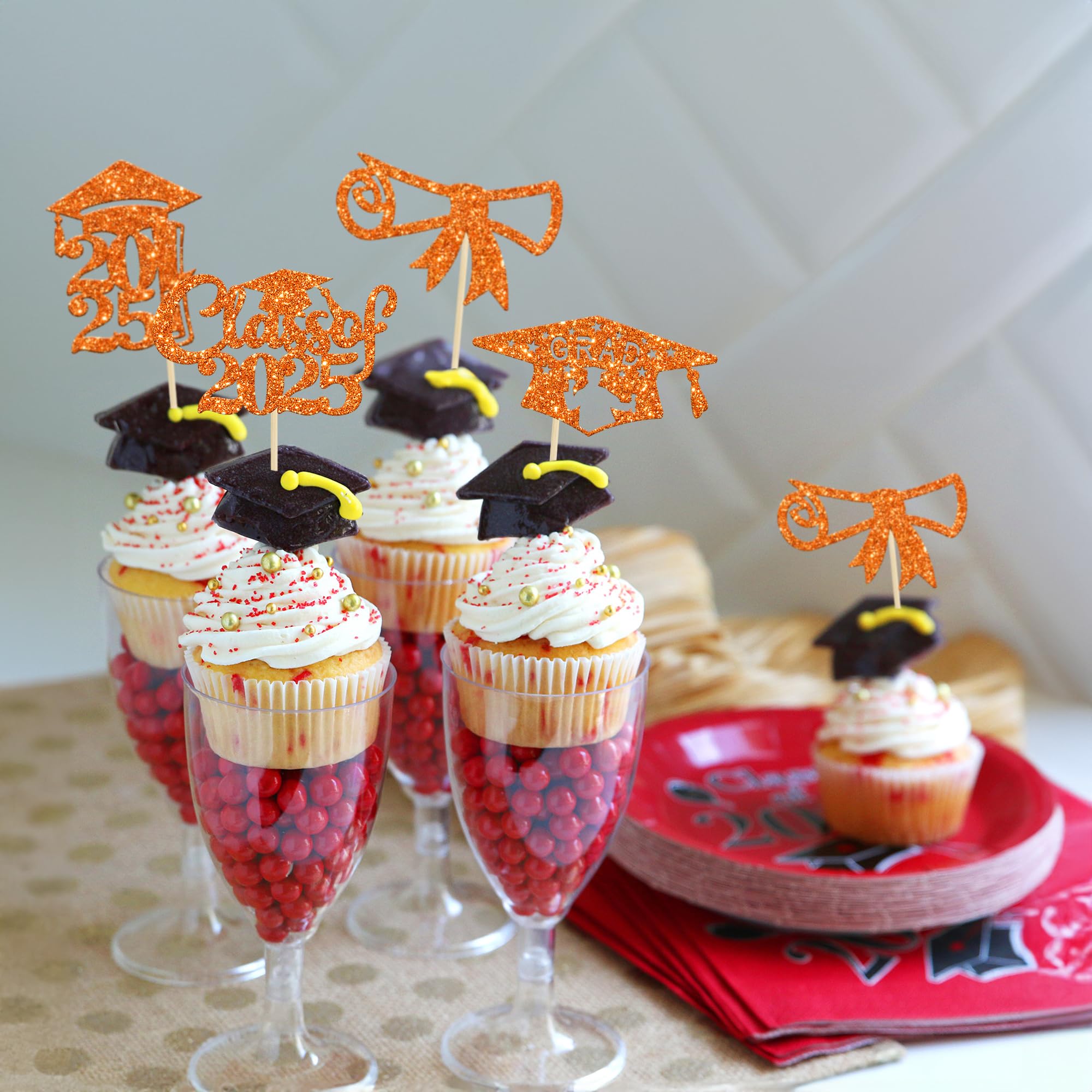 24Pcs 2025 Graduation Cupcake Toppers - Orange Glitter Congrats Class of 2025 Diploma Grad Cap Decorations | Perfect for Graduation Party, School Celebration & Dessert Table Decor