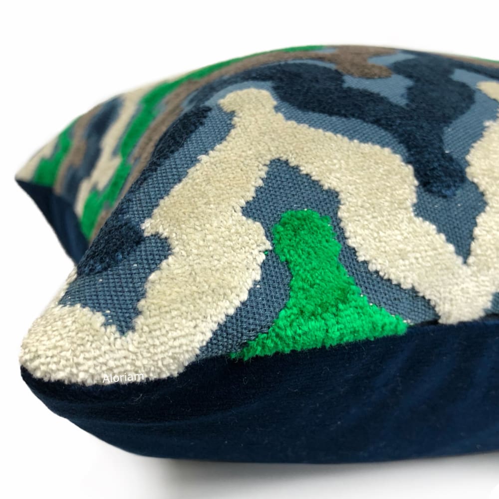 Preston Blue Green Brown Cut Velvet Small Ogee Waves Pillow Cover - Luxurious Decorative Throw Pillow Case for Sofa, Bed & Home Decor