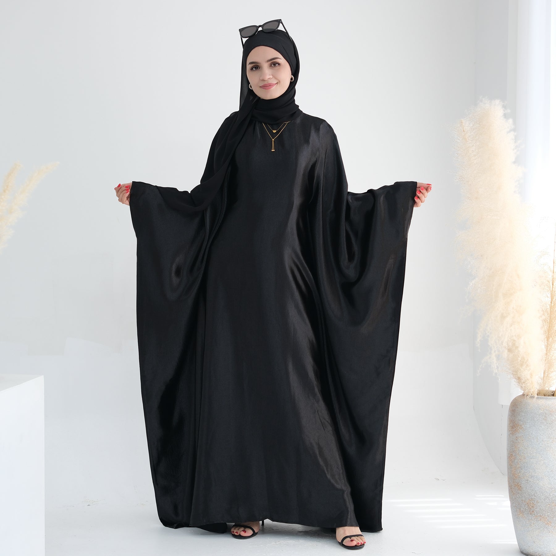Elegant Black Alisha Butterfly Satin Abaya - Modest Muslim Dress for Women | Perfect for Prayer, Eid, Wedding & Special Occasions