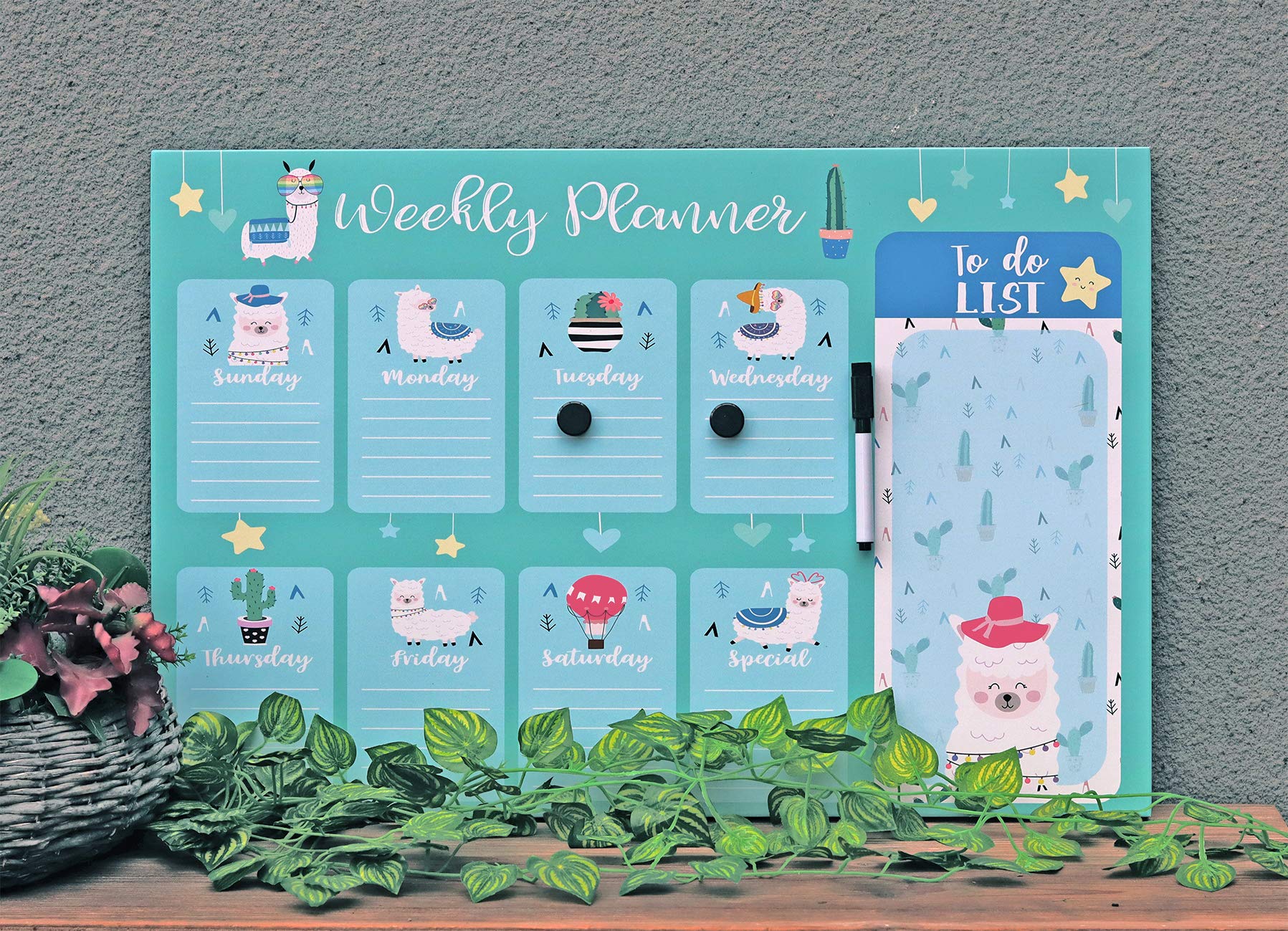 Weekly Planning Board Calendar - Wall Mounted Dry Erase Organizer with Cute Llama Design for Kids, Includes 1 Marker & 2 Magnets - Perfect for Bedroom, Classroom & Homeschool Organization