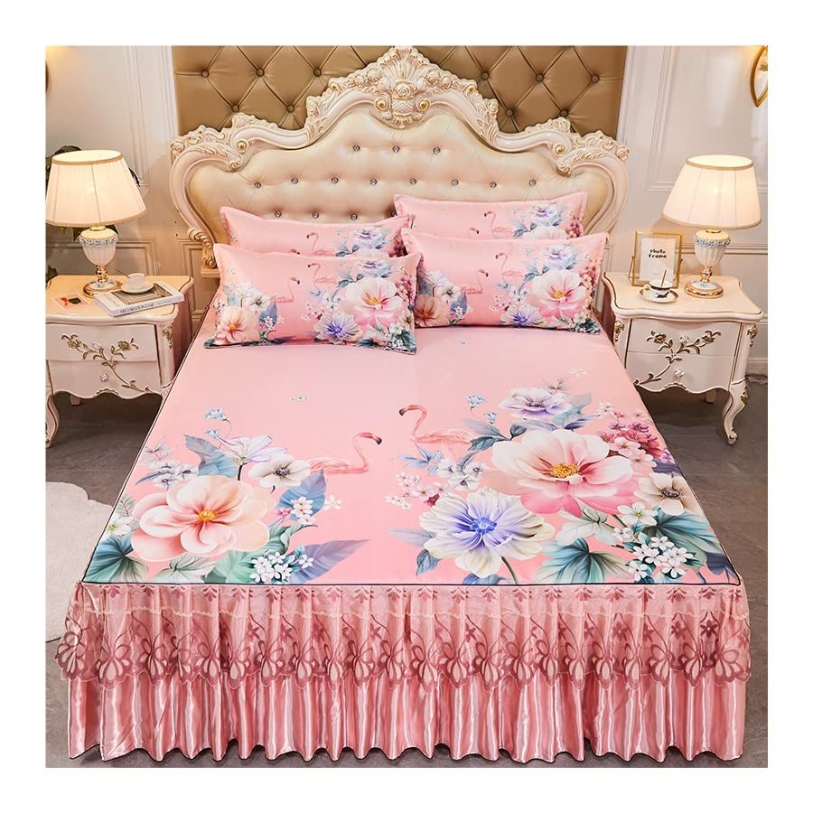 Cooling Ice Silk Fitted Sheet Full Size - Soft Breathable Bed Sheets with Pillowcases & Bed Skirt - 180x200cm (Queen) - Perfect for Hot Sleepers & Summer Nights - Home Textile Bedding Set