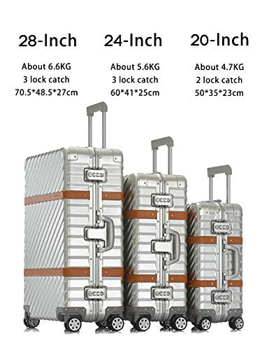 Lightweight Aluminum Magnesium Alloy Hardshell Carry-On Luggage - TSA Approved 24 Inch Silver Suitcase for Air Travel & Business Trips