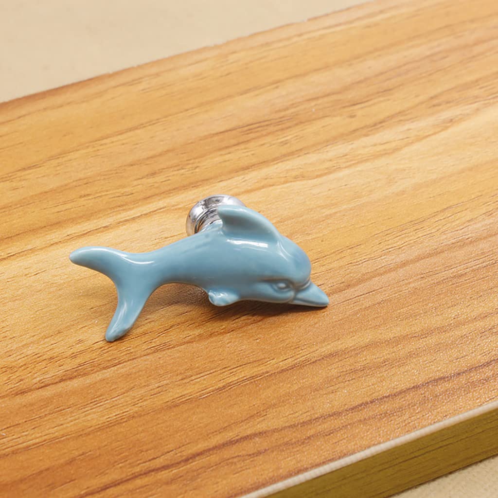 5Pcs Dolphin Ceramic Drawer Knobs for Kids - Cute Cartoon Cabinet Handles for Dresser & Bookcase (Blue) - Nursery & Playroom Decor