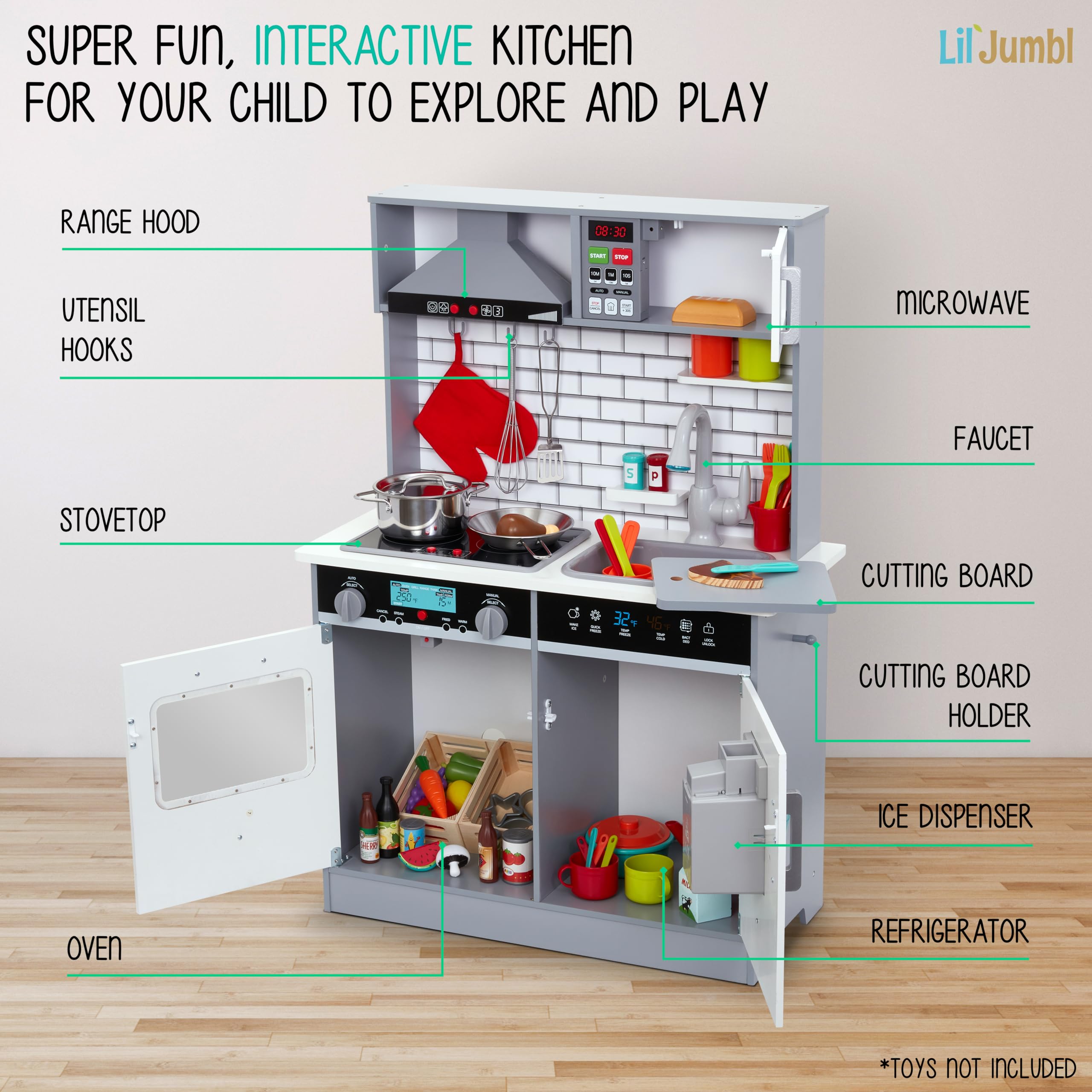 Lil' Jumbl Kids Wooden Play Kitchen Set with Realistic Sound & Light - Includes Range Hood, Microwave, Stove, Oven, Pots, Pans, Cutting Board & Utensils - Perfect for Pretend Play & Early Childhood Development