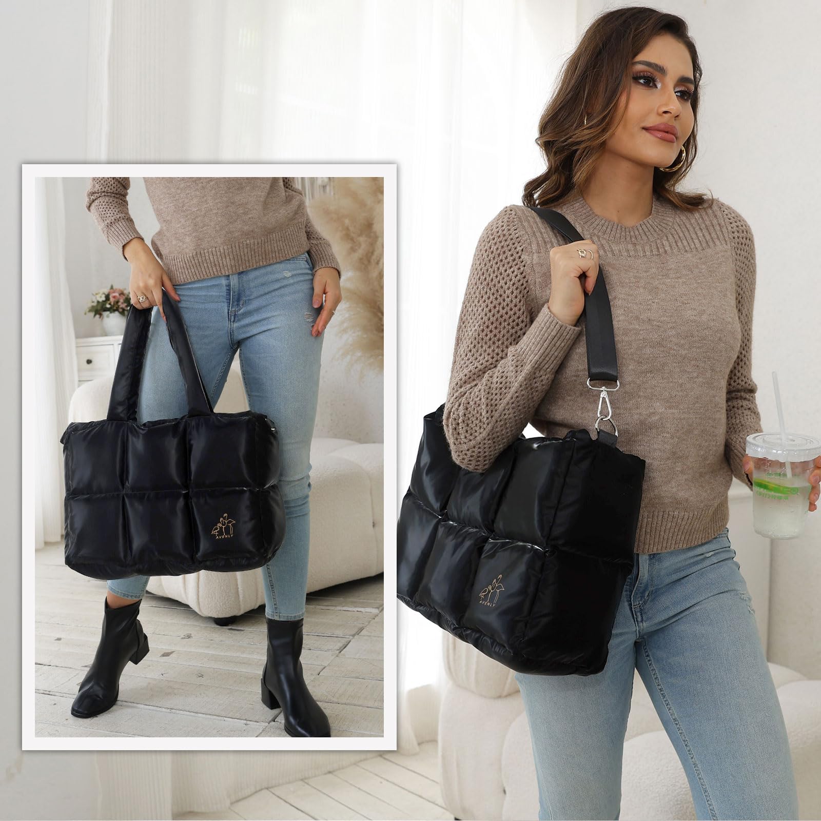 Large Puffer Tote Bag for Women - Lightweight Winter Down Cotton Padded Shoulder Bag | Perfect for Work, Travel & Shopping
