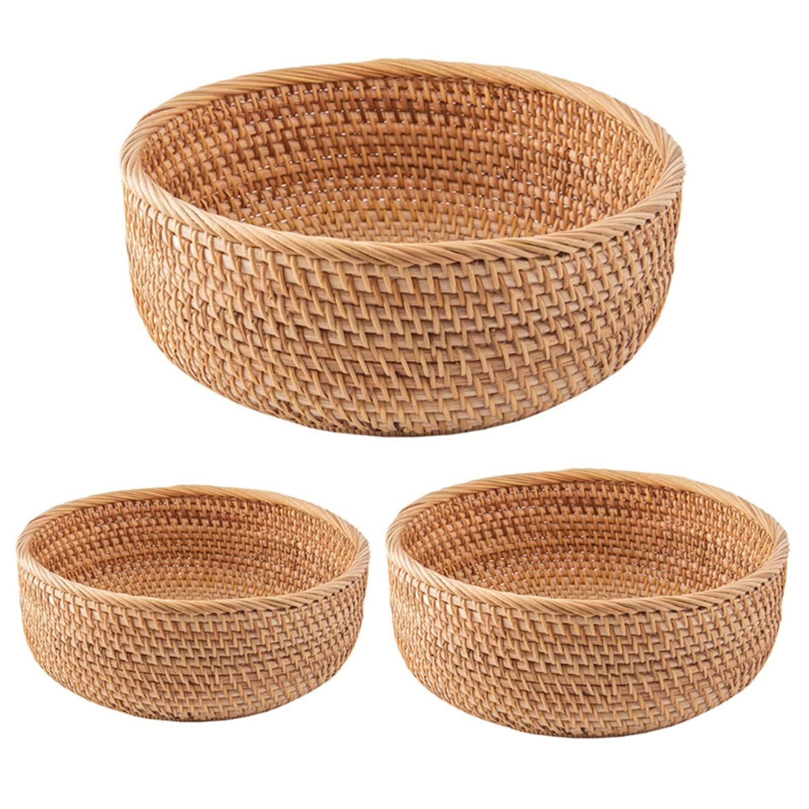 BZGKNUL 3-Piece Round Rattan Storage Baskets Set - Natural Woven Organizer for Coffee, Tea, Fruits, Snacks - Home & Office Decor (Brown, 3 Baskets) - Perfect for Kitchen Counter, Dining Table, and Living Room Organization
