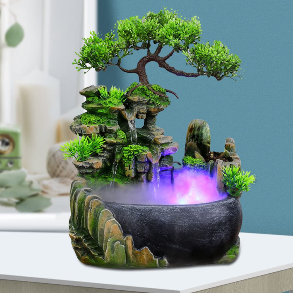 Indoor Tabletop Fountain with Rockery, Waterfall, Plants & LED Light - Desktop Water Feature & Humidifier for Office, Home, Bedroom Decor | US Stock | Perfect for Relaxation, Meditation & Stress Relief