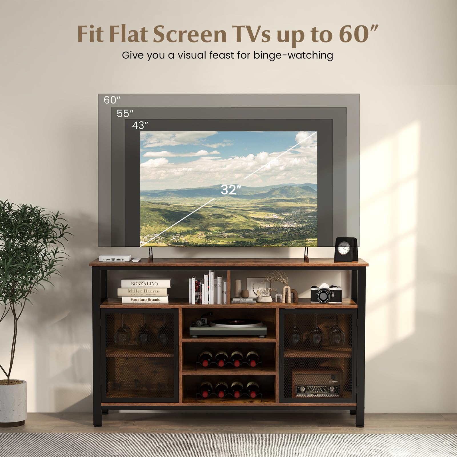 LOKO Wine Bar Cabinet with 8-Bottle Wine Racks & Glass Holders - Kitchen Buffet Sideboard, Coffee Bar Cabinet with Storage, Liquor Cabinet & TV Stand for Dining Room & Living Room - Perfect for Entertaining Guests, Storing Beverages & Enhancing Home Decor (Brown)