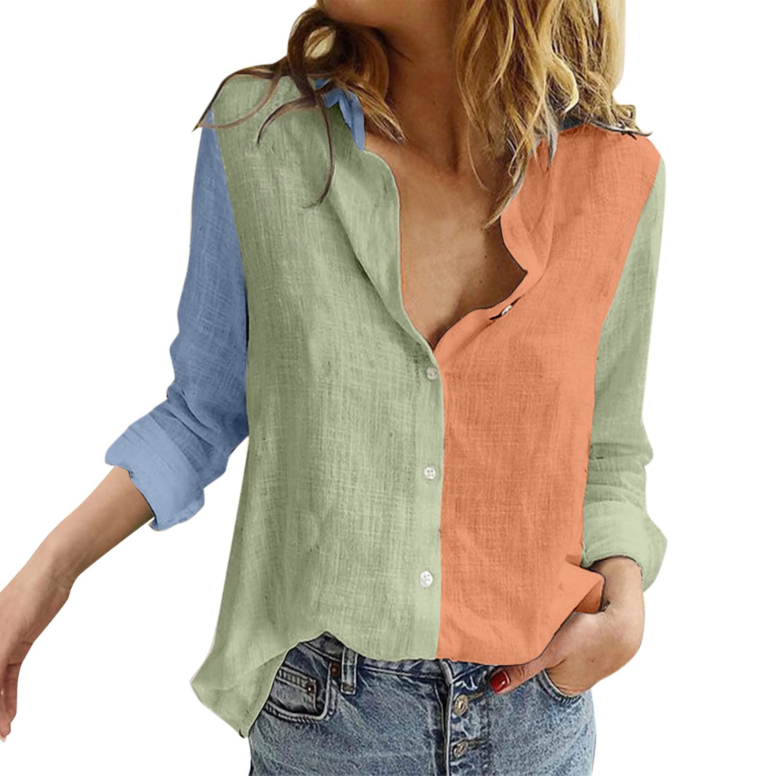 Women's Long Sleeve Linen Button-Down Shirts - Casual Loose V-Neck Floral Print Blouses for Work, Office & Everyday Wear