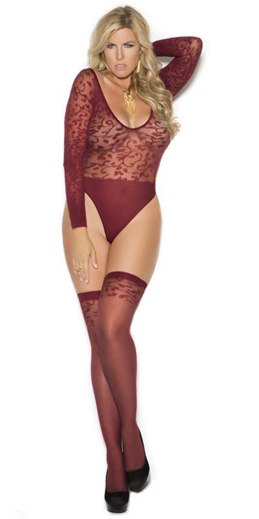 Sexy Burgundy Lace Teddy with Stockings - Seductive Lingerie Set for Valentine's Day & Romantic Nights