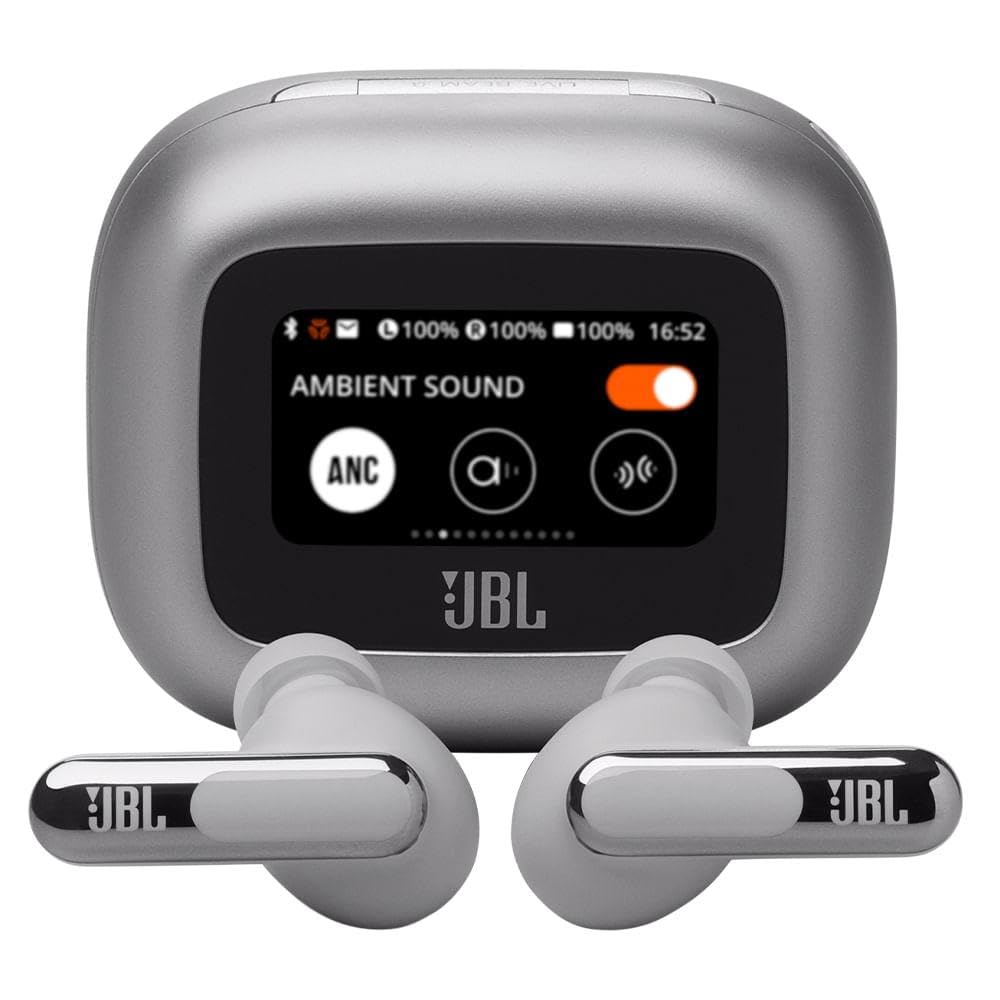 JBL Live Beam 3 True Wireless Bluetooth Earbuds - 48H Battery, Adaptive Noise Cancelling, Hi-Res Audio, IP55 Waterproof, Silver | Perfect for Workouts, Commuting & Travel