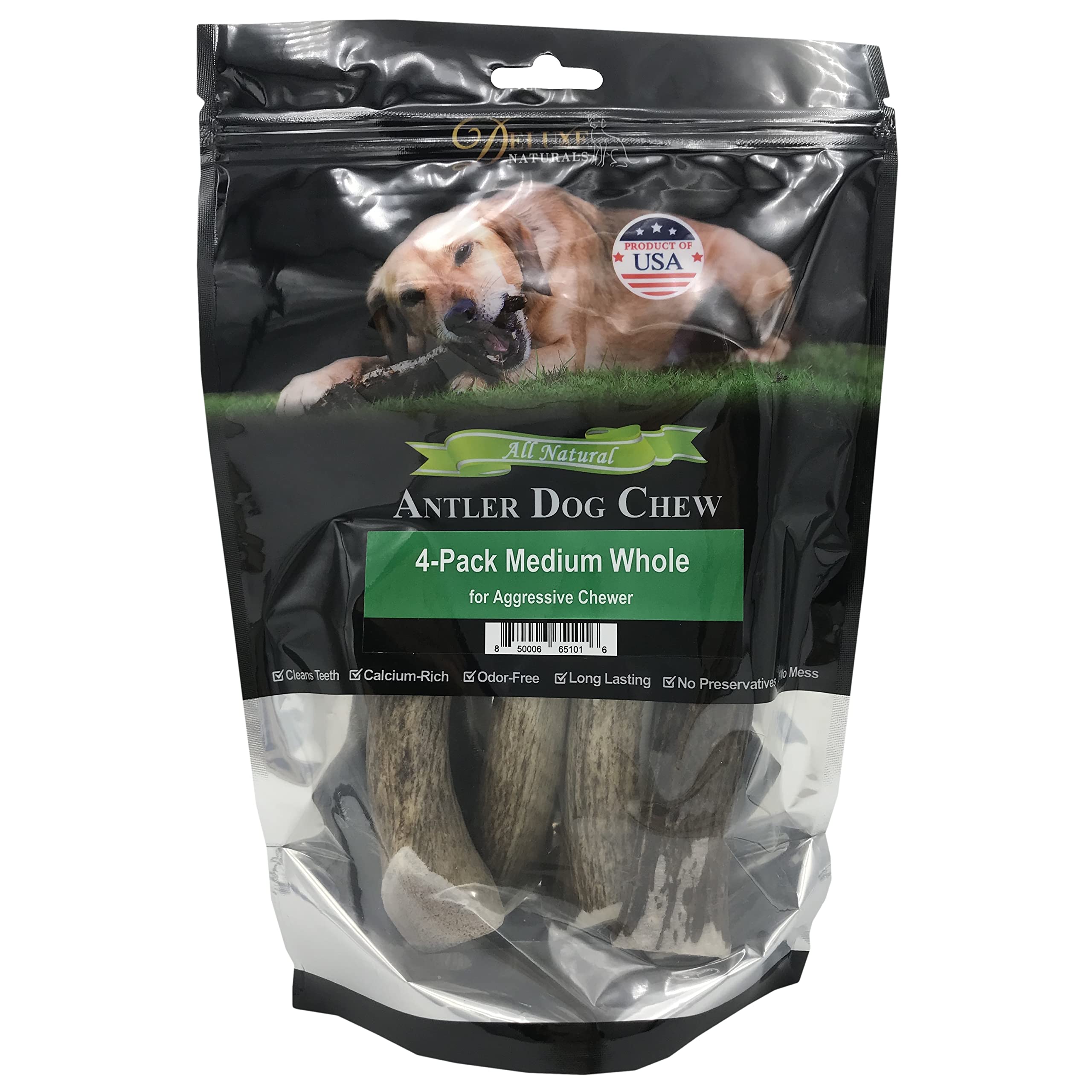 Premium USA-Collected Elk Antler Chews for Dogs - All Natural, A-Grade, Naturally Shed | Medium Whole Antlers (4-Pack) | Long-Lasting Dental Chew for Aggressive Chewers & Puppy Teething Relief