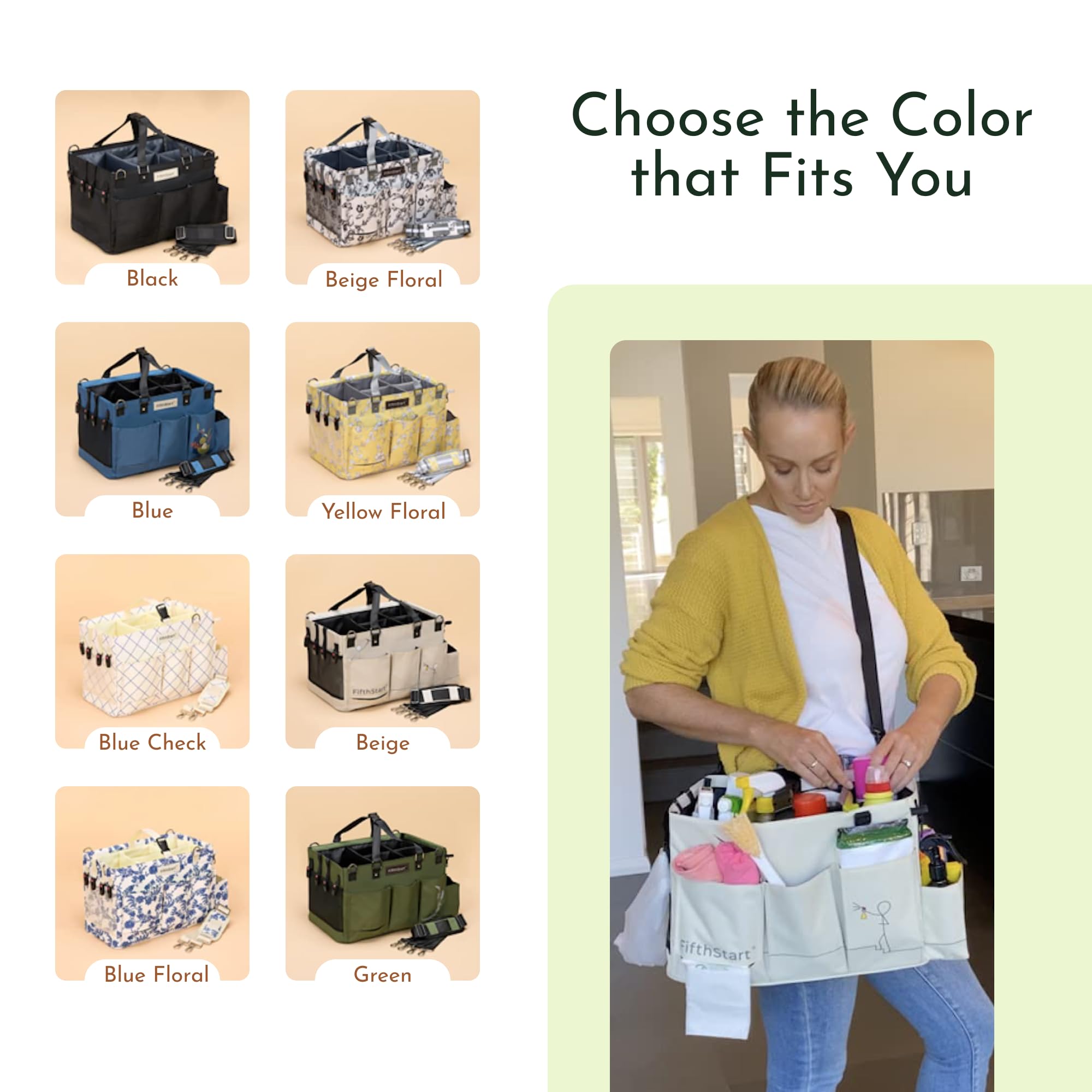 **FifthStart Multi-Purpose Cleaning Caddy with Waist & Shoulder Strap – 9-Pocket Tote Organizer for Housekeeping, Gardening, Fishing & Bathroom Storage | Adjustable Compartments, Large Black Utility Caddy with Handle | Perfect for Home, Office & Outdoor Use**