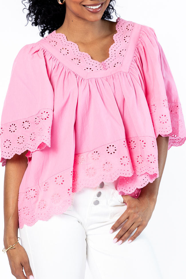 Stylish Pink Eyelet Detail Popover Short Sleeve Blouse for Women - Perfect for Summer Outfits, Office Wear & Casual Dates