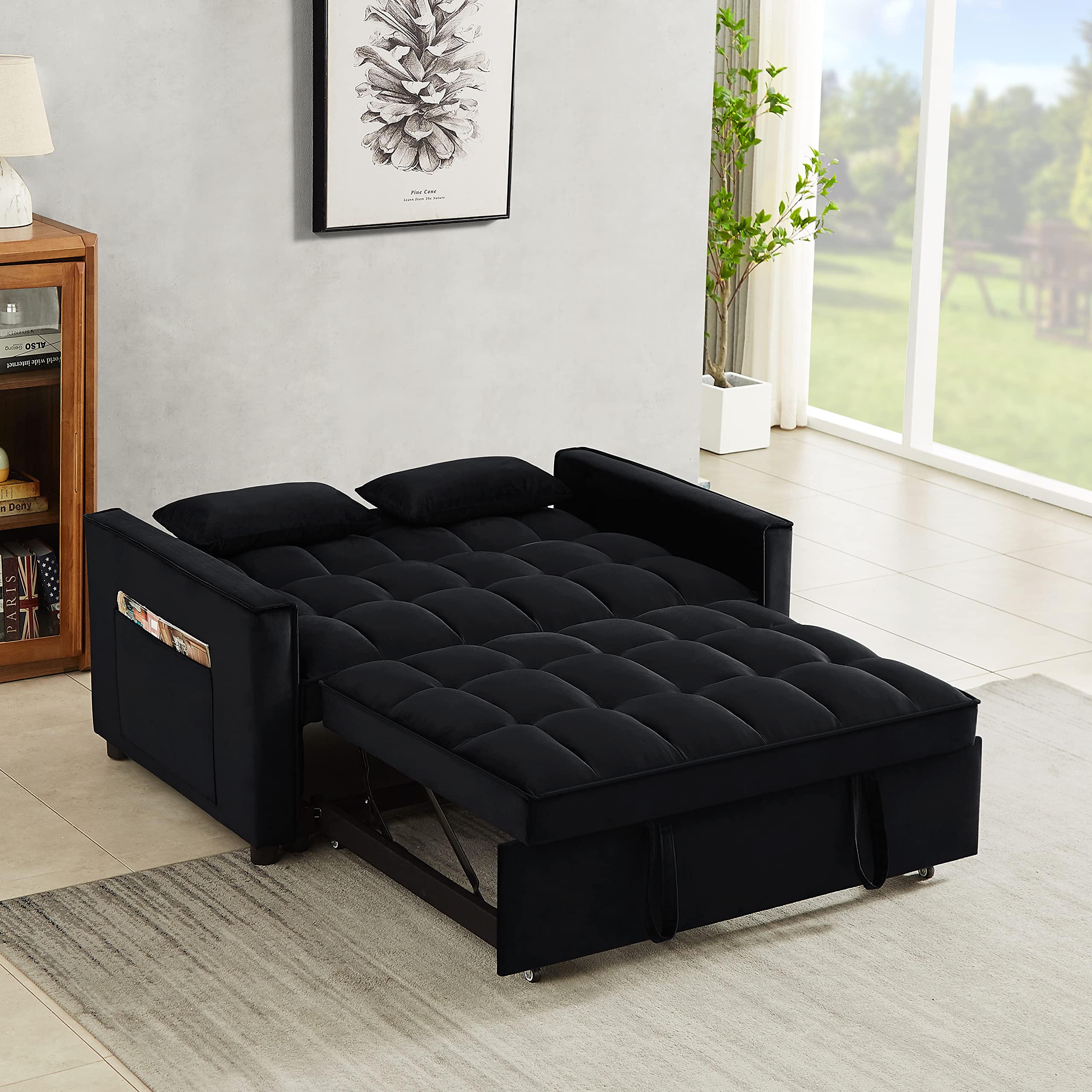 KLMM Modern Convertible Sofa Bed with Adjustable Backrest & 2 Lumbar Pillows - Velvet Loveseat Sleeper Sofa with Pull-Out Bed for Small Spaces | Perfect for Studio Apartments, Guest Rooms & Home Offices