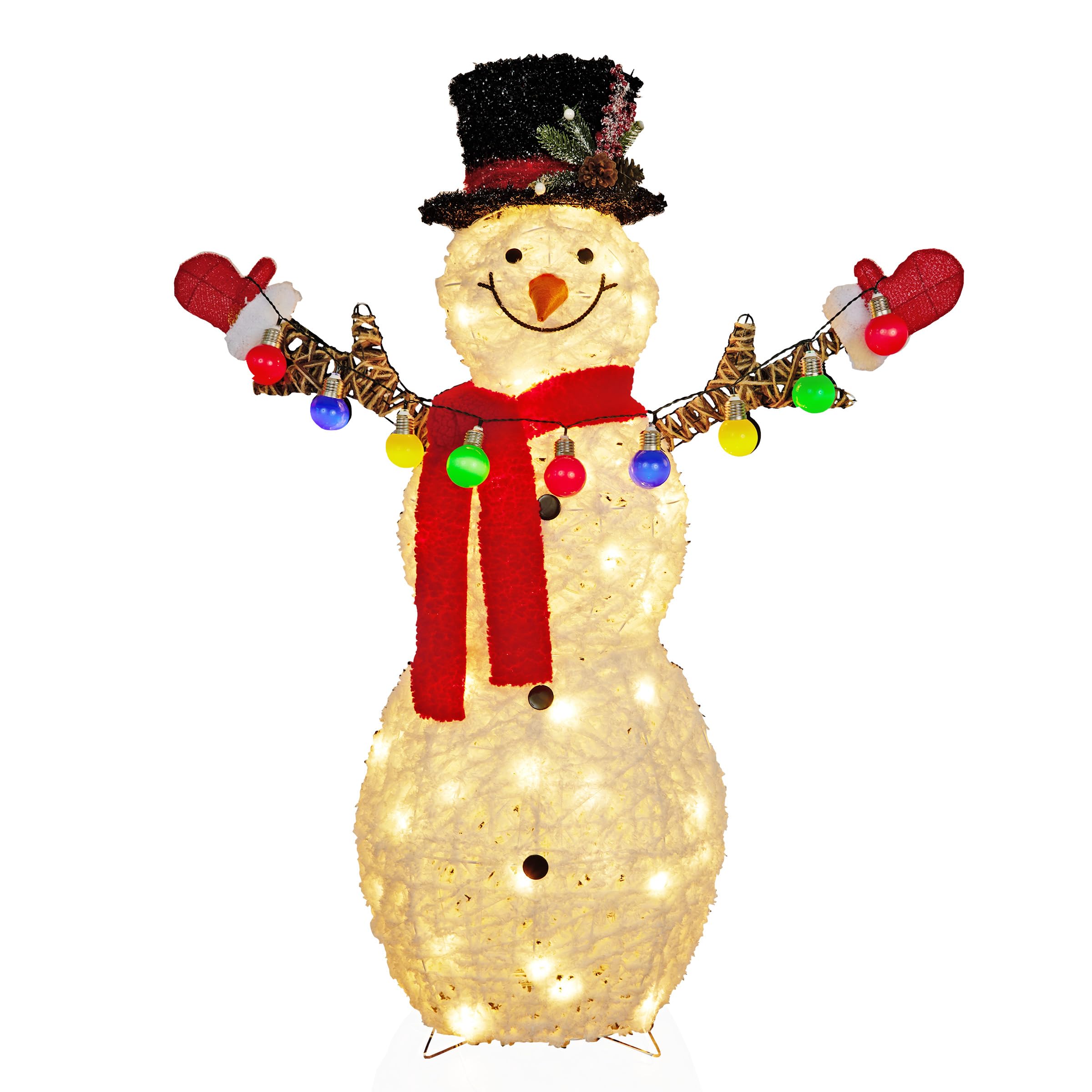 Alpine Corporation CHT972 4ft White Mesh Fabric 3D Snowman with 60 Warm White LED Christmas Lights - Indoor/Outdoor Holiday Decor for Porch, Yard, and Christmas Tree Decoration