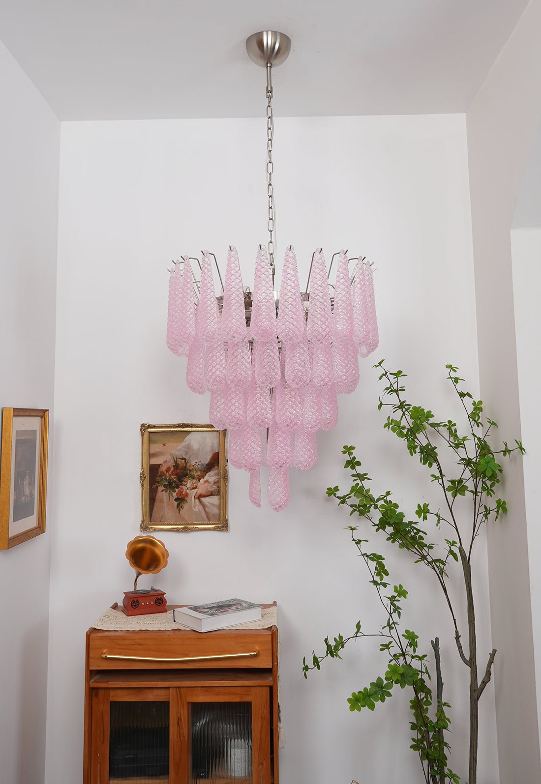 Murano Pink Glass Dewdrop Chandelier - Handmade Italian Crystal Pendant Light Fixture for Dining Room, Bedroom & Living Room Decor