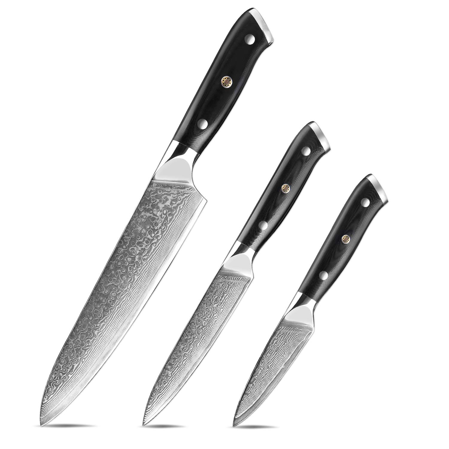 XT XITUO 3-Piece Japanese Damascus Steel Kitchen Knives Set - 67 Layer VG10 Chef Knife with G10 Black Handle & Sheath | Professional Cooking Knives for Slicing, Dicing & Food Prep | Perfect for Home Chefs & Culinary Enthusiasts