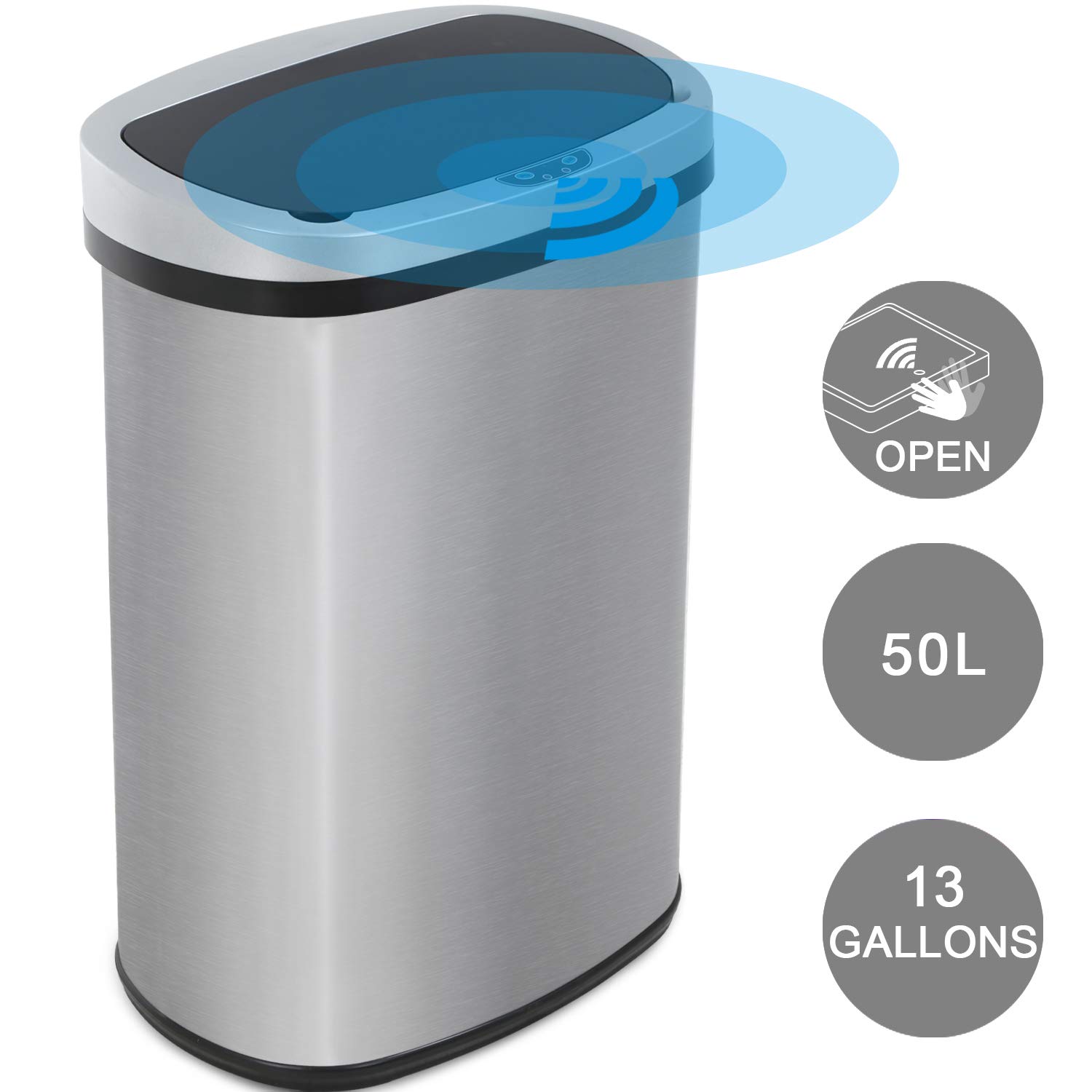 Stainless Steel Automatic Touch-Free 13 Gallon (50 Liter) Kitchen Trash Can - High Capacity Garbage Bin for Home, Office, Bedroom - Hands-Free Waste Disposal for Hygiene & Convenience