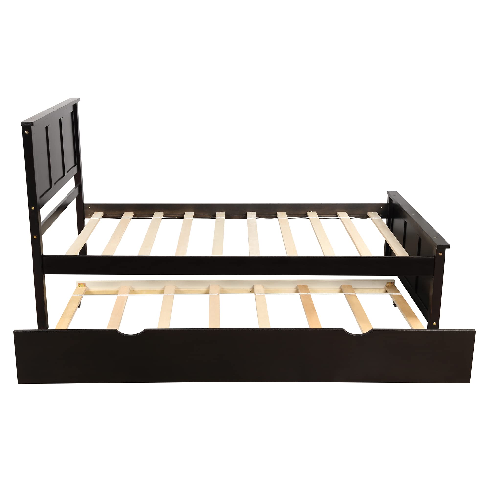 Minimalist Wooden Platform Bed Frame with Trundle - Twin Size, Easy Assembly, Retro Design in Espresso Finish - Perfect for Small Bedrooms, Guest Rooms & Kids' Rooms