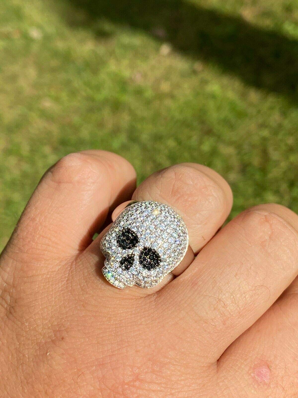 925 Sterling Silver Men's Iced Skull Emoji Ring with Black Diamond Eyes - Gothic Santa Muerte Pinky Ring for Men - Hip Hop Jewelry Gift for Boyfriend - Perfect for Parties, Concerts and Streetwear Fashion