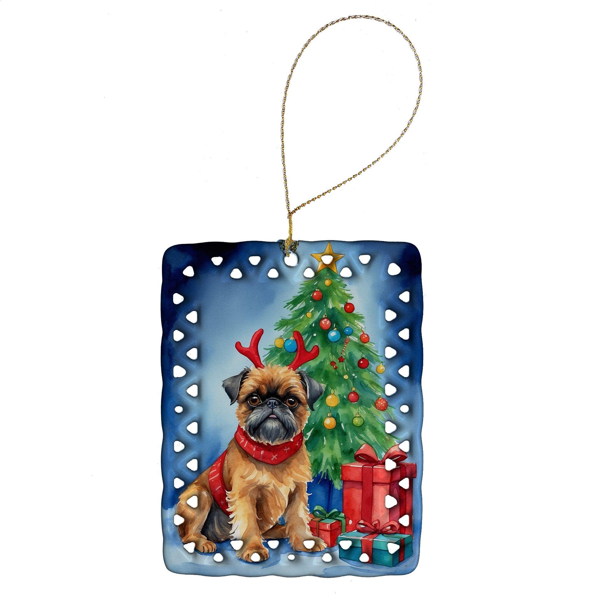 Brussels Griffon Christmas Reindeer Porcelain Ornament - Handmade Holiday Tree Hanging Decor for Home, Rectangle Shape, Multicolor Gift | Perfect for Christmas Tree Decorations, Holiday Home Decor & Festive Gift Giving
