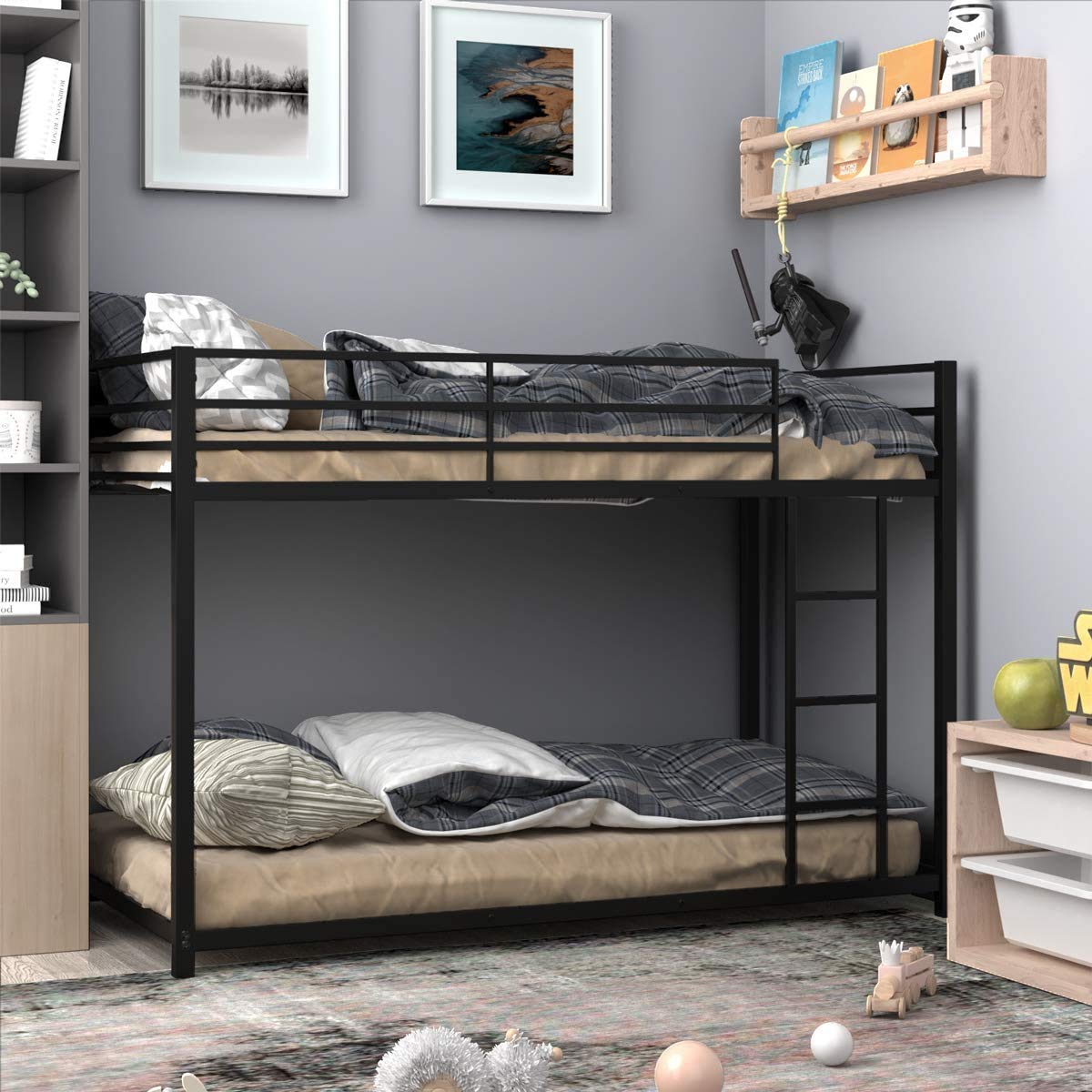 Metal Twin Over Twin Bunk Bed with Ladder & Safety Rail - Sturdy Moccha Black Frame for Kids, Teens & Adults - Perfect for Space-Saving Kids' Rooms, Guest Rooms & Small Apartments