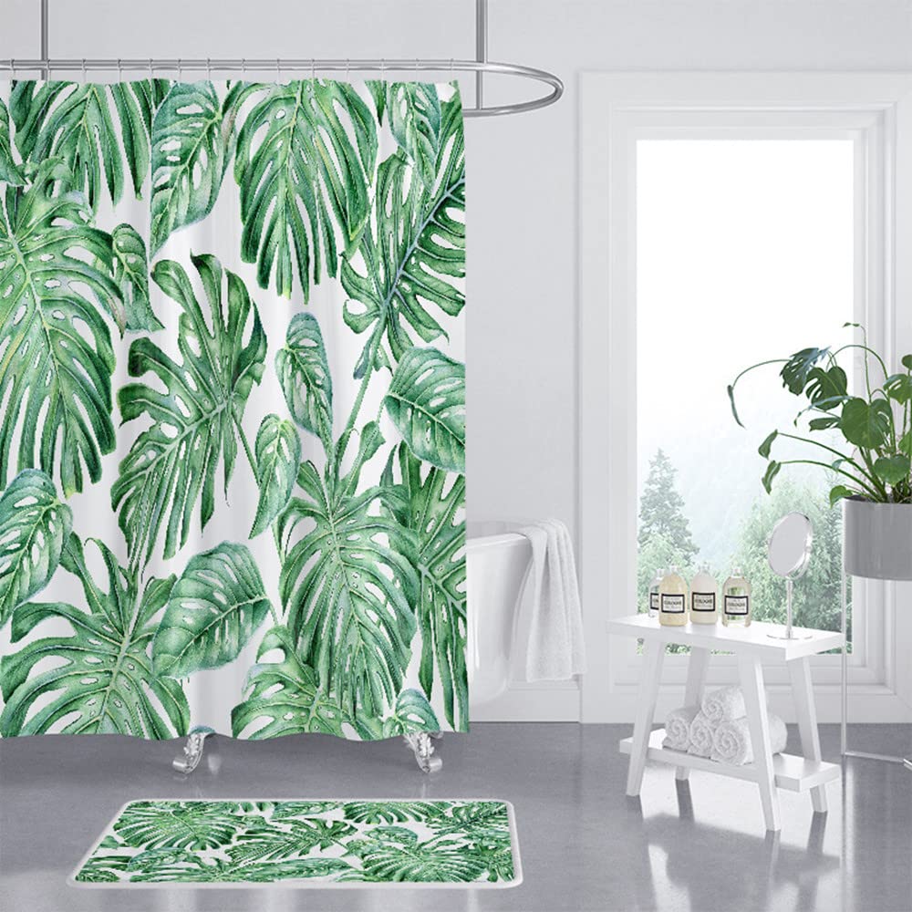 Premium Tropical Leaves Shower Curtain - 72x72 Inches, Odorless & Waterproof Bathroom Curtain with Hooks Included, White Background - Perfect for Showers, Bathtubs & Spa-Like Bathroom Decor
