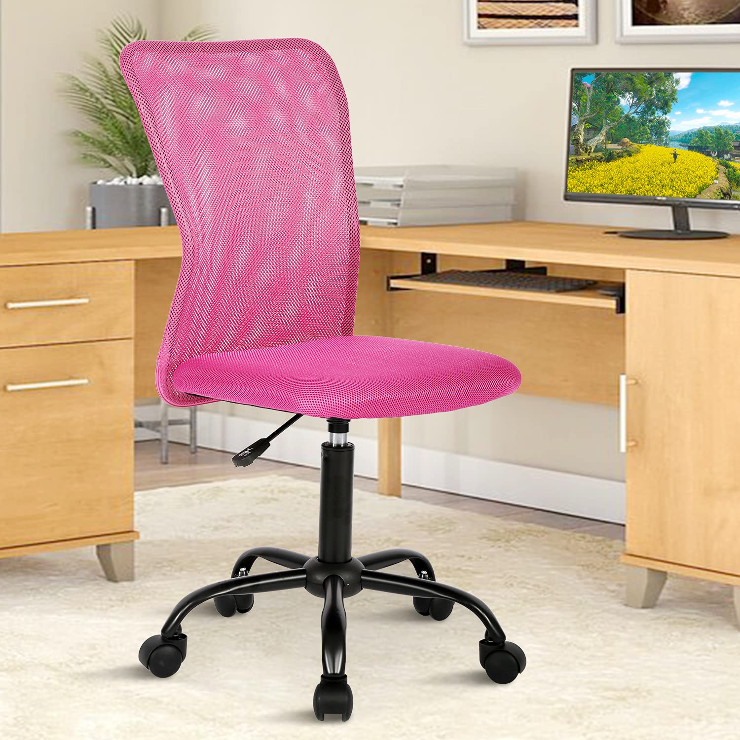 Ergonomic Mesh Office Chair - Adjustable Height Mid Back Computer Desk Chair with Wheels, Armless Modern Task Chair for Home Office, Study & Small Spaces - Comfortable & Affordable Student Chair in Pink