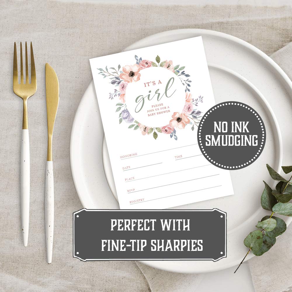 50 Floral Boho Baby Shower Invitations for Girls - Double-Sided Blush Pink Invite Cards with Envelopes - Perfect for Baby Girl Shower Party Decorations & Celebrations