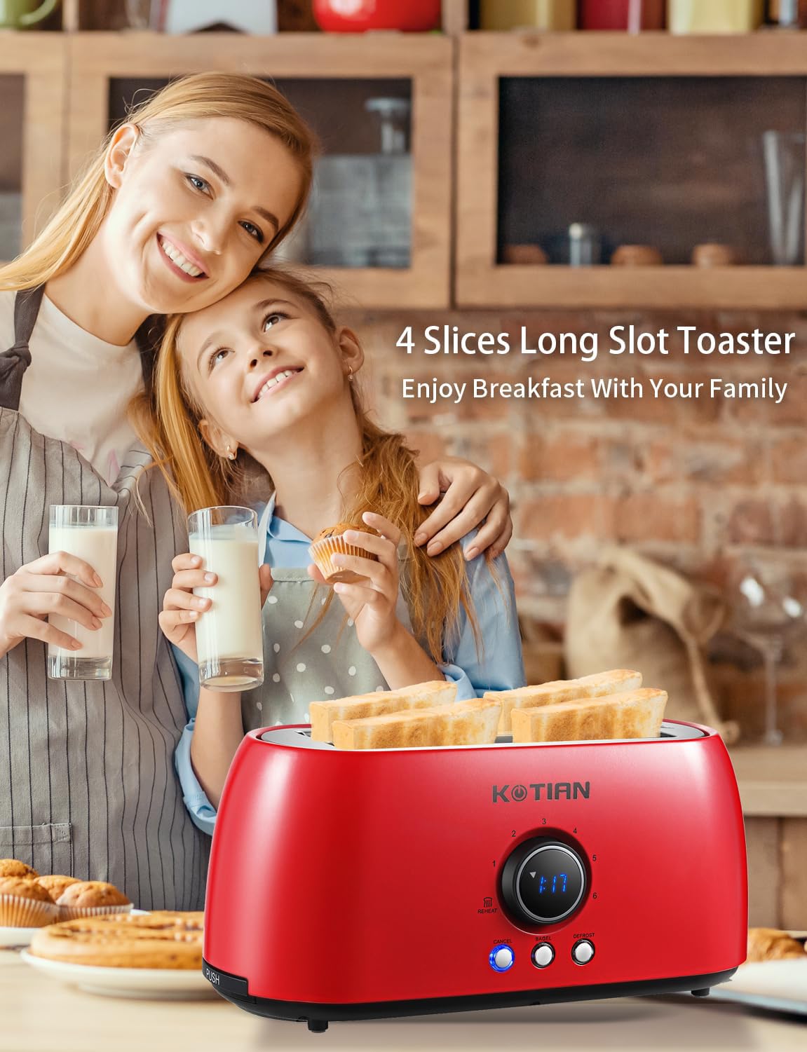 KOTIAN 4 Slice Stainless Steel Toaster - Extra Wide Slot Retro Toaster with 6 Toast Settings, Bagel/Defrost/Reheat/Cancel Functions, Countdown Timer & Removable Crumb Tray (Red) - Perfect for Breakfast, Brunch, and Family Gatherings